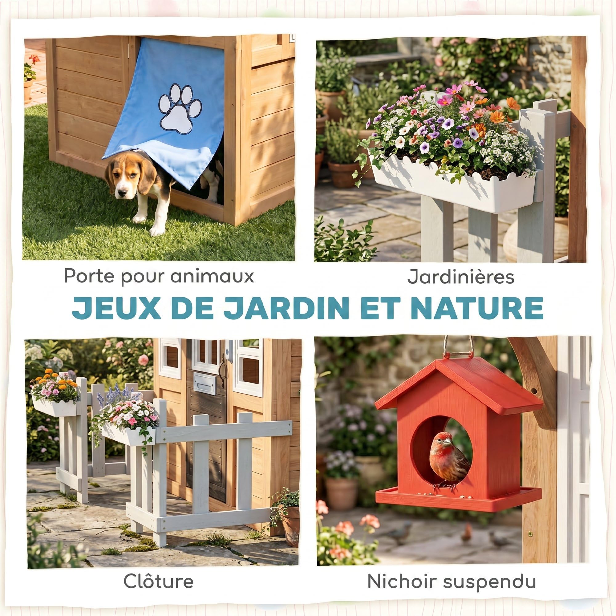 AIYAPLAY Cabane Enfant extérieur en Bois, Maison Enfant extérieure/intérieure avec chatière, Cuisine de Jeu, boîte aux Lettres, Sonnette, nichoir et clôture, pour 2-5 Ans, 165x116,5x163,5cm, Marron