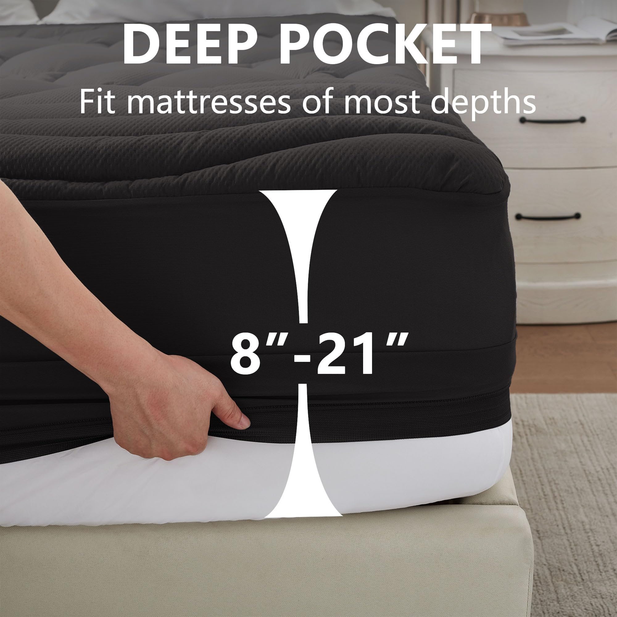 ELVEN HOME Queen - Coprimaterasso impermeabile, morbido e traspirante, per letto matrimoniale, trapuntato, silenzioso, antiscivolo, con tasca profonda, 20,3-53,3 cm, nero