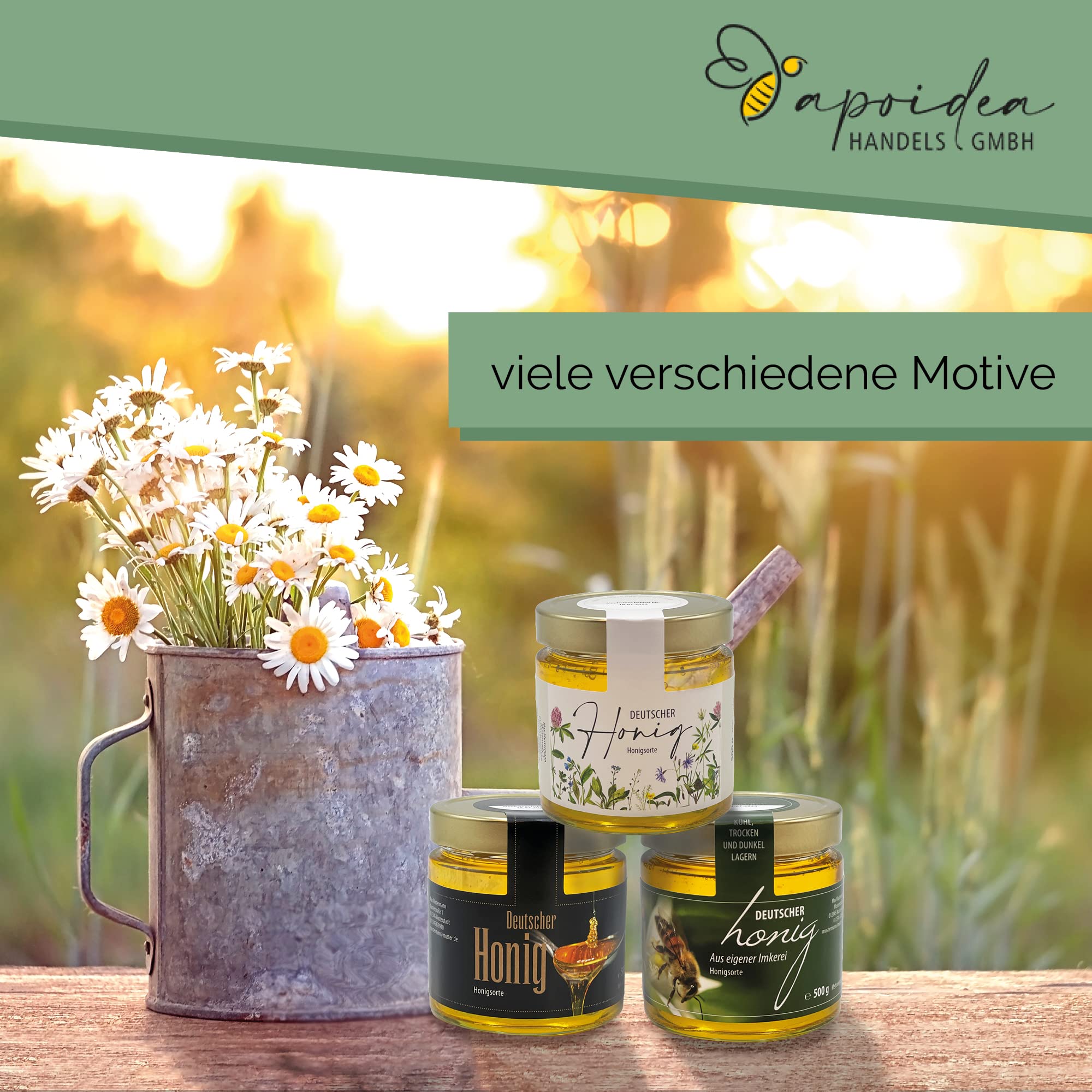 Apoidea – Honig Etiketten 500g mit Gewährverschluss selbstklebend & personalisierbar - 100 Stück/Etiketten Honiggläser/Honig Aufkleber für selbstgemachten Honig/Honigetiketten für Honiggläser