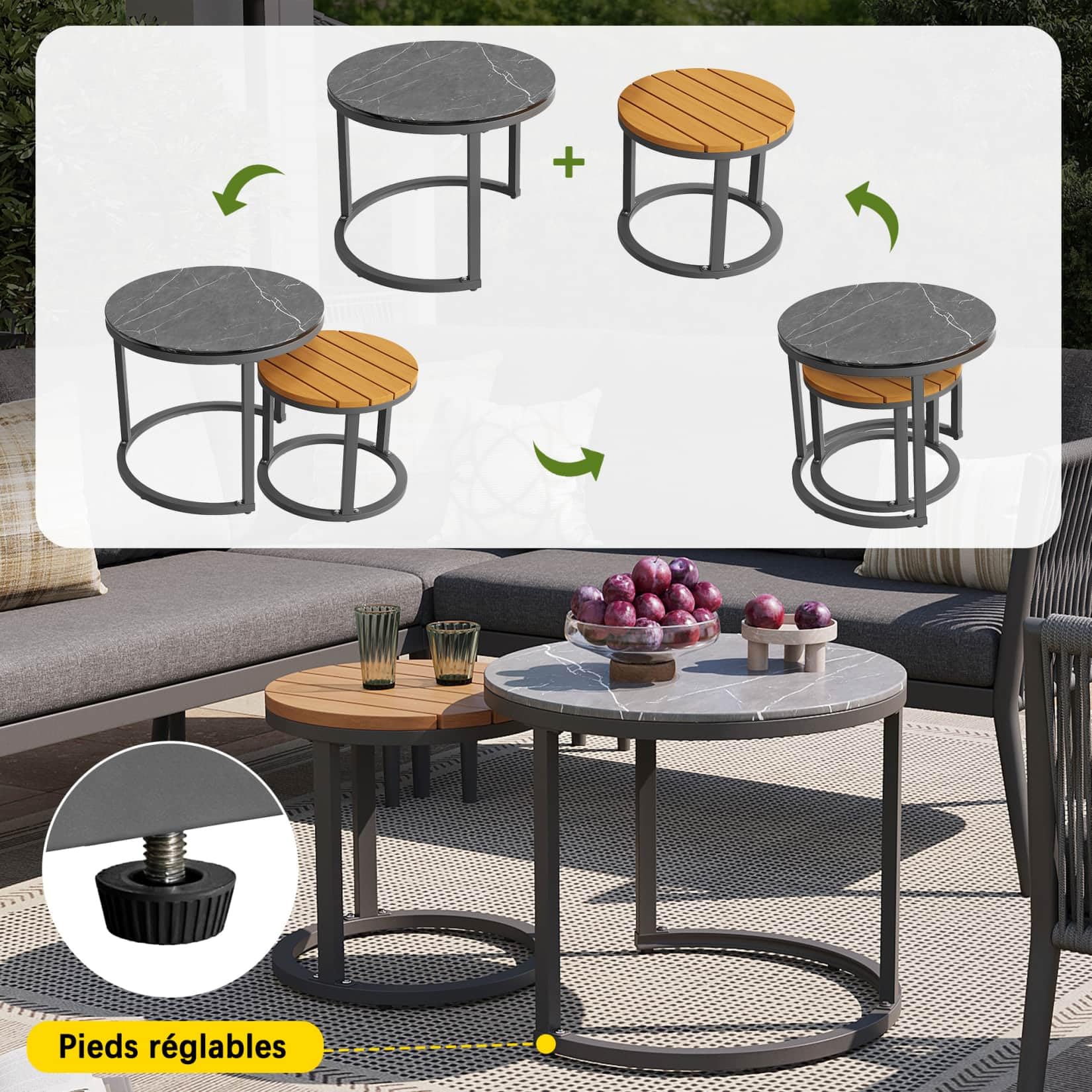 Salon de Jardin Exterieur Tissés 5-6 Personnes,Table Basse Gigogne Ronde avec 2 Petits Canapés 2 Places,2 Fauteuils Relax,Coussins Amovible Lavable,pour Terrasse,Balcon (Gris)