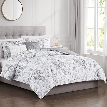Modern Threads 5-Piece Printed Comforter Set, Giverny Queen in White Grey Blue Soft Comforter, 2 Pillow Shams, and 2 Decorative Pillows