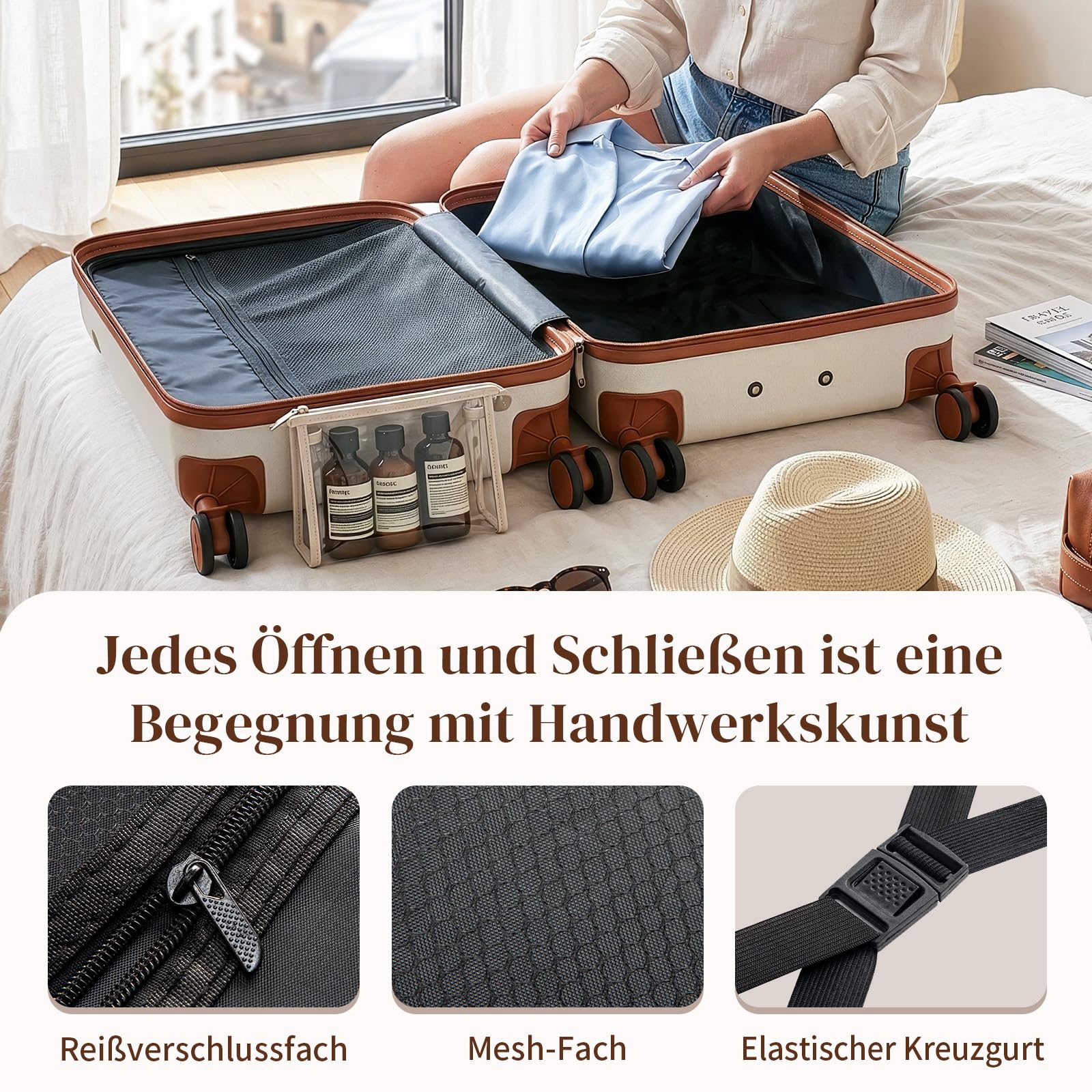 LEADZM Kofferset 4 teilig Hartschale, Koffer Set 4 stück aus ABS, Reisekoffer mit Rollen Groß, Handgepäck, Hartschalenkoffer Groß, Koffer & Trolleys (Beige-Braun)
