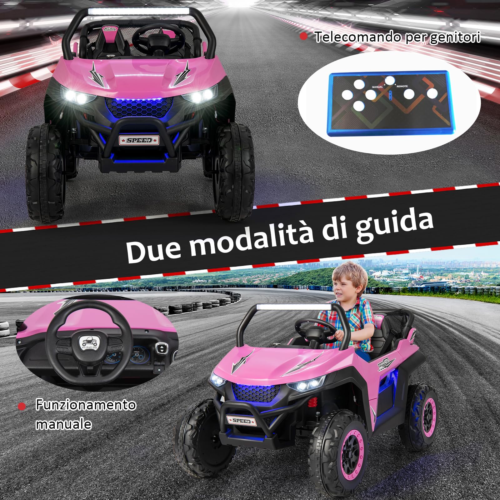 COSTWAY 12V Auto Elettrico per Bambini, Macchina Fuoristrada a 2 Posti, Macchina Elettrica con Luci Suoni, Regalo per Bambini 3-8 Anni, 118x74x71 cm (Rosa)