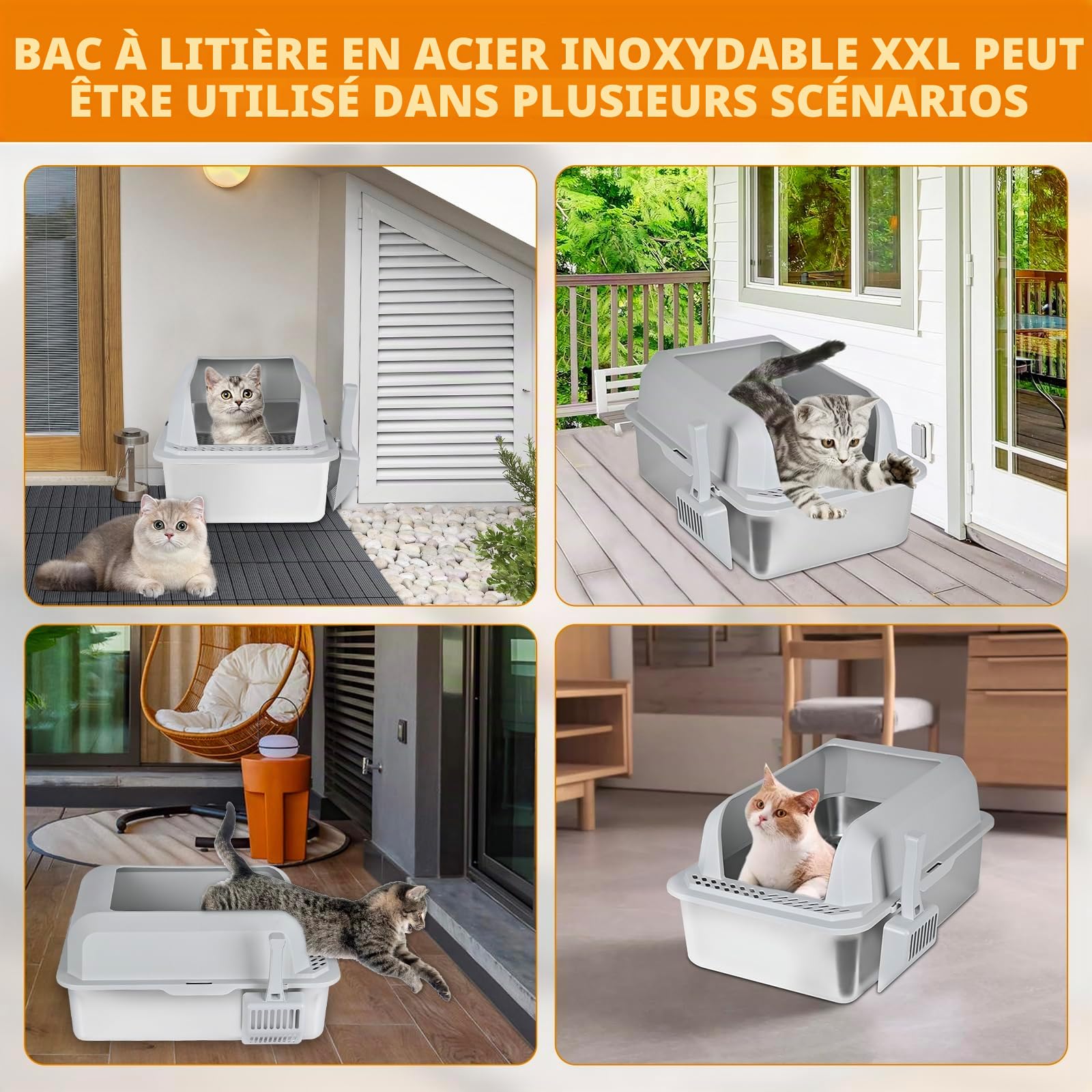 Homegroove Bac à litière en acier inoxydable pour granulés de pin, 23,6 x 15,7 x 14 pouces XXL bac à litière en métal avec couvercle pour chat intérieur tamis à granulés bac à litière avec pelle en