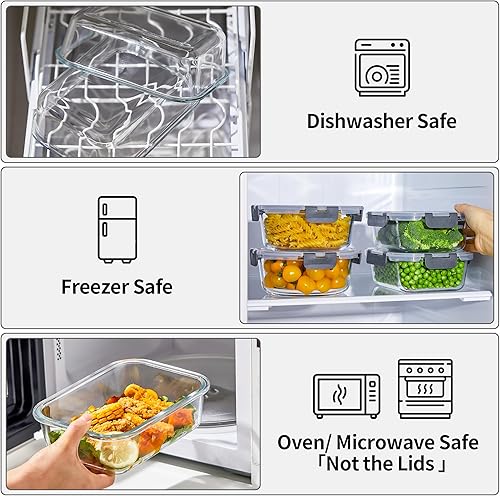 Miniatura 3 de 16 recipientes rectangulares de almacenamiento de alimentos de 35 onzas, recipientes de vidrio de 4.4 tazas, aptos para lavavajillas, congelador y