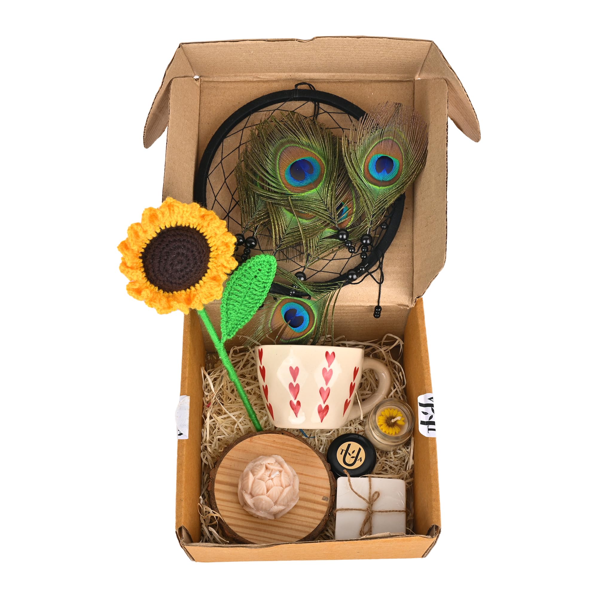 The Urban Artistic Peacock Feather Dreamcatcher Gift hampers for Wife, Husband Items, Heart Mug, Crochet Sunflowe Stick, Organic soap, Lotus Shape Candle Diwali Gift(Set of 7 Gifts)-picture-27