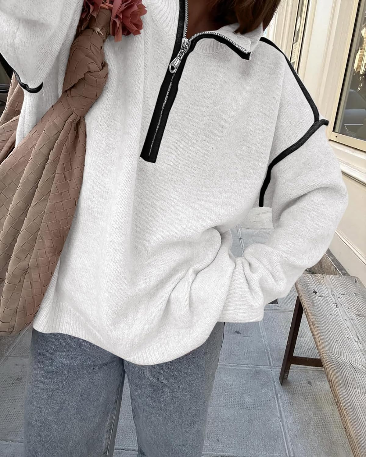 Saodimallsu Womens Quarter Zip Pullover Sweaters Casual Collared V Neck Color Block Long Sleeve Loose Knit Fall Sweater - Image 3