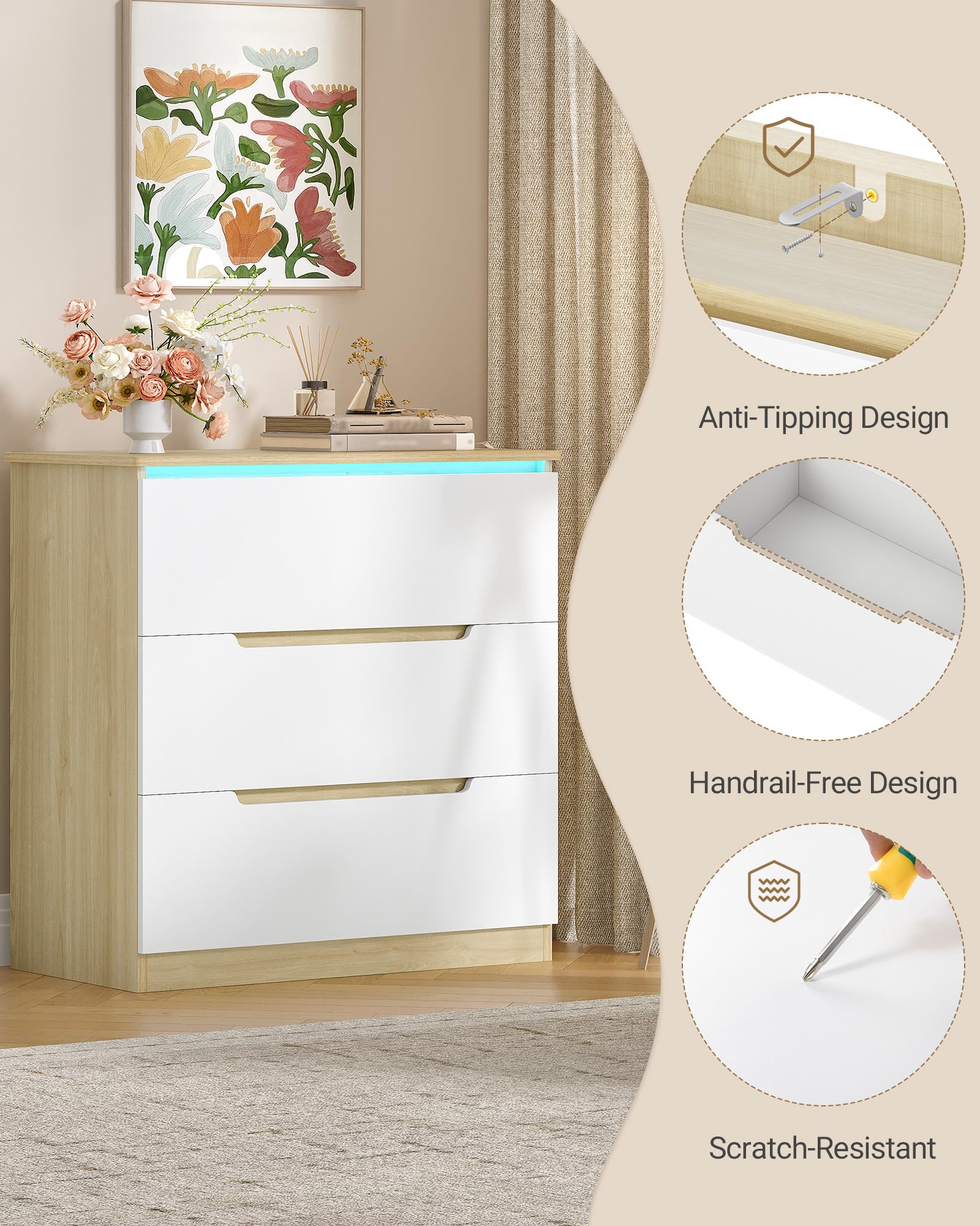 Hzuaneri Cassettiera, 3 Cassetti, Cassettiera Camera da Letto con Striscia Luminosa a LED, Stile Moderno, Adatto per Soggiorno, Camera da Letto, Corridoio, 40 x 70 x 80 cm, Bianco-Rovere EDC01331XEU