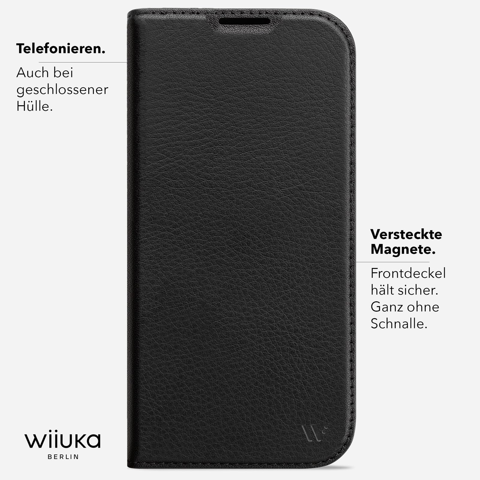 WIIUKA Hülle für iPhone 17 Pro, Leder aus Deutschland, mit Kartenfach, extra Dünn, Handyhülle mit Standfunktion, Tasche, Klapphülle, suiit, Teil, Schwarz