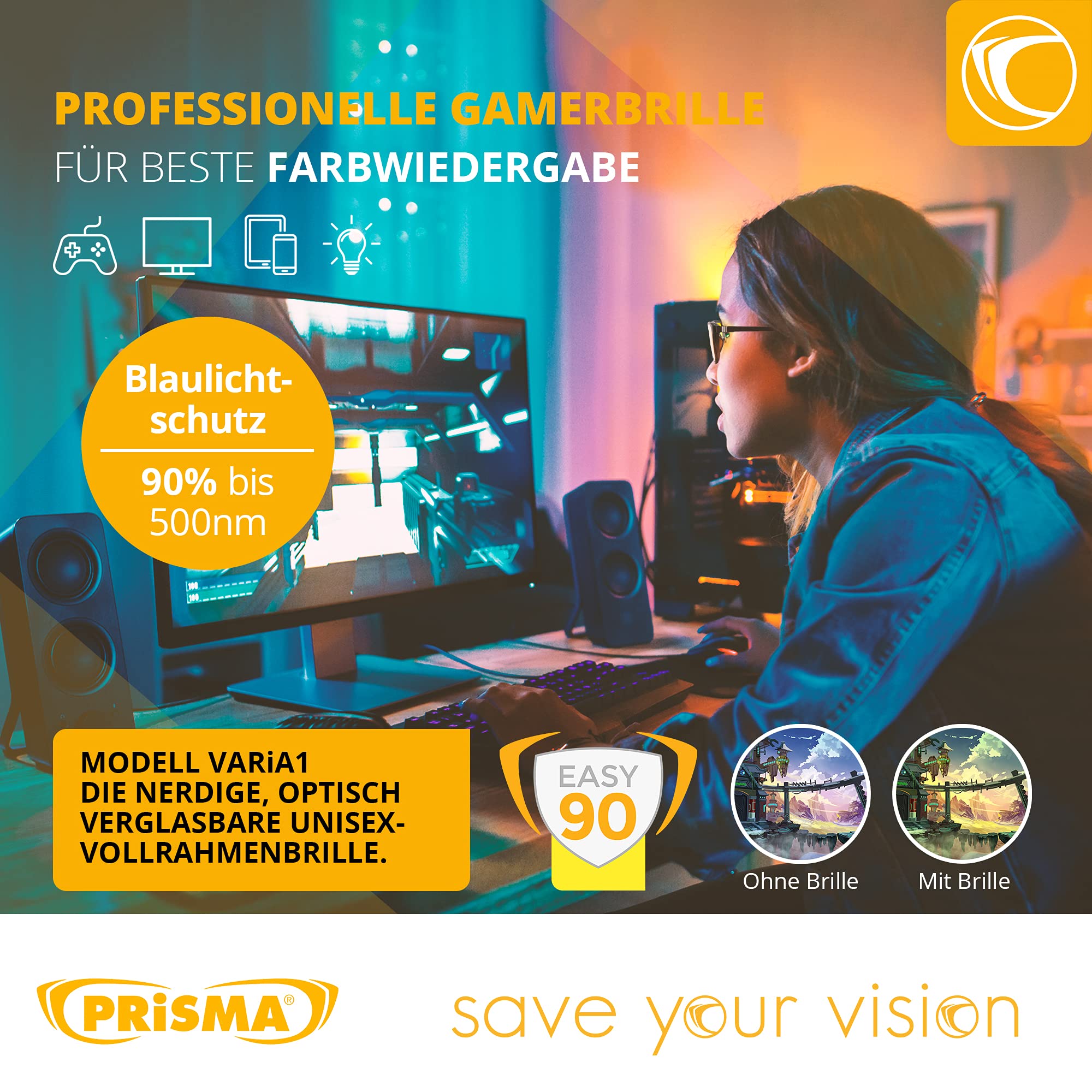 PRiSMA VARiA 1 - okulary z filtrem przednim magnetycznym światłem niebieskim EASY90 - do gier i TV - bluelightprotect - VA1702