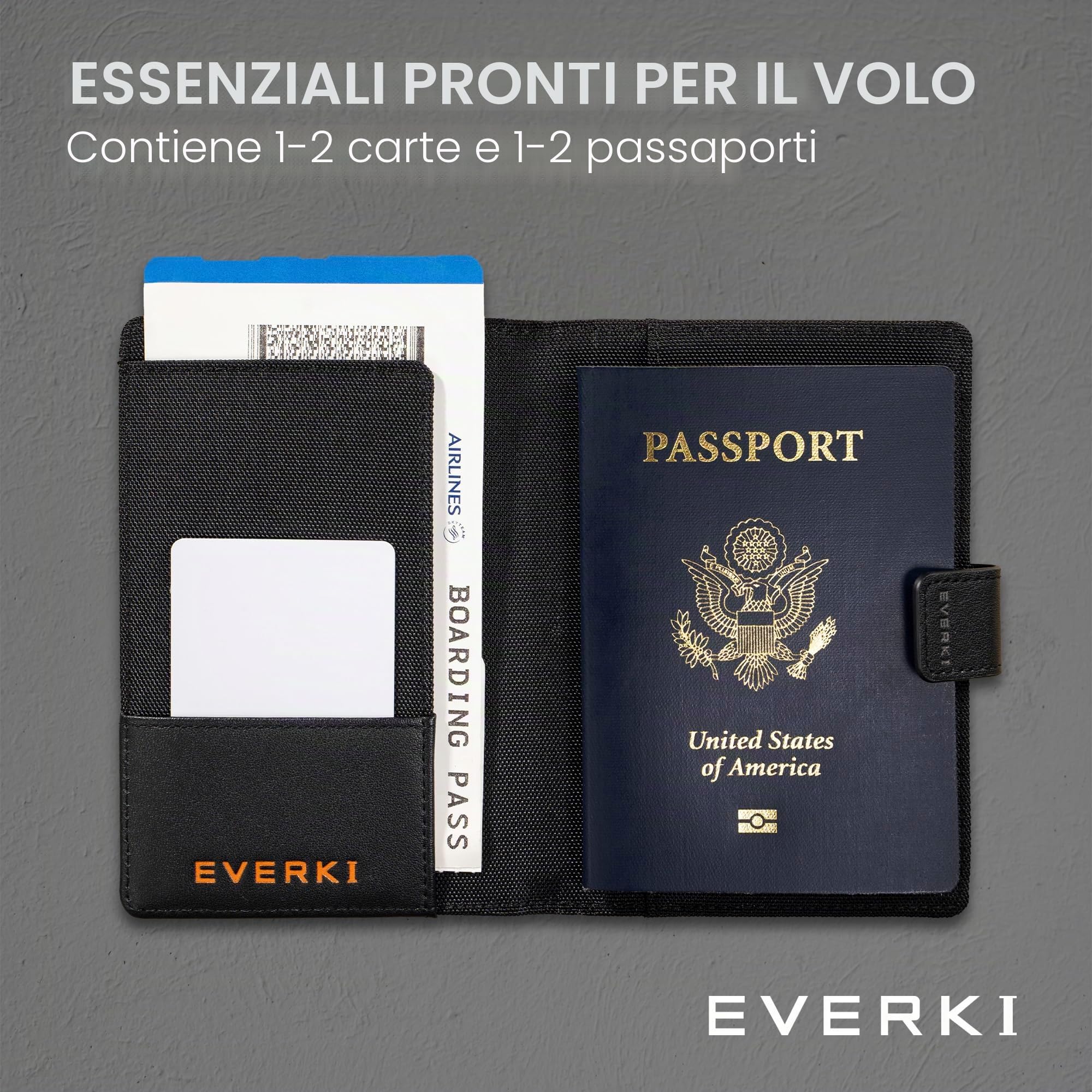 Everki porta passaporto RFID – custodia sottile anti-RFID per viaggio, copertura protettiva per passaporto, accessorio da viaggio donna/uomo – Nero