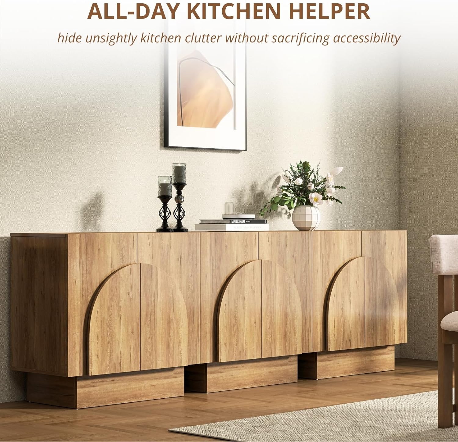 HEAH-YO Natural Sideboard Buffet Cabinet with Storage, Modern Farmhouse TV Stand with Arched Doors Entryway Accent Coffee Bar Station Wood Media Console Table for Living Room Kitchen Hallway, Set of 4