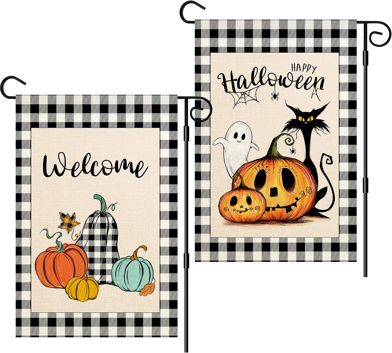 MingTa 2 Pack Halloween Fall Garden Flags 12x18 Double Sided, Vertical Burlap Buffalo Plaid Pumpkin Fall Garden Flag, Ghost Pumpkin Cat Happy Halloween Garden Flag for Home Garden Yard Outdoor Decor