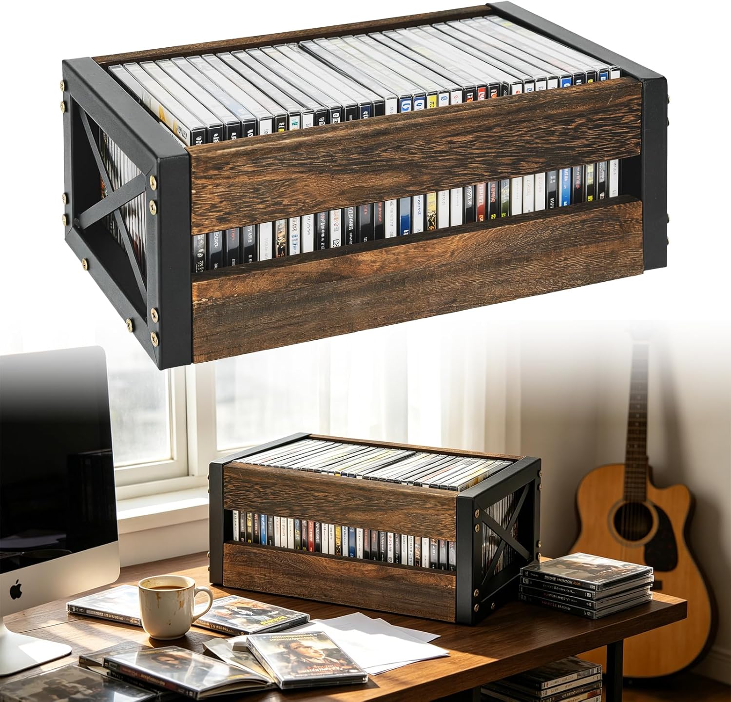 Wooden CD Storage Box Holder Shelf Retro Metal Frame CD Storage Rack Farmhouse DVD Storage Cabinet Shelf Display Racks for Movie Cases, DVDs，Desktop Game Disc and Media Collection (1 Pack)