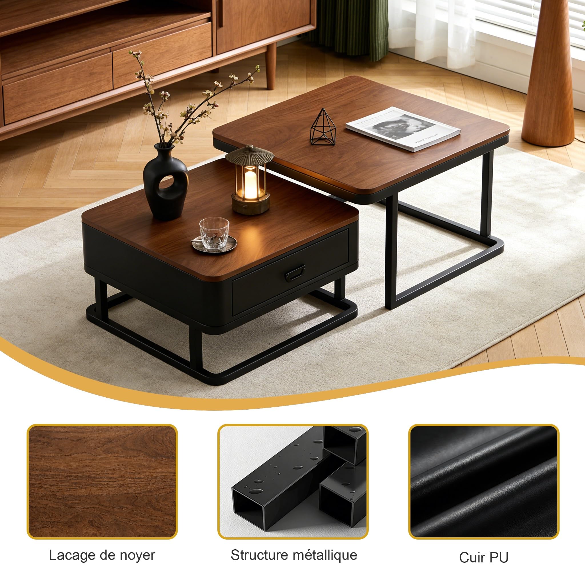 Générique Lot de 2 Tables Basses, Moderne Table Basse Salon Extensible, Noyer Coffee Table with Storage, Metal Frame, pour Salon, Chambre à Coucher, Noyer