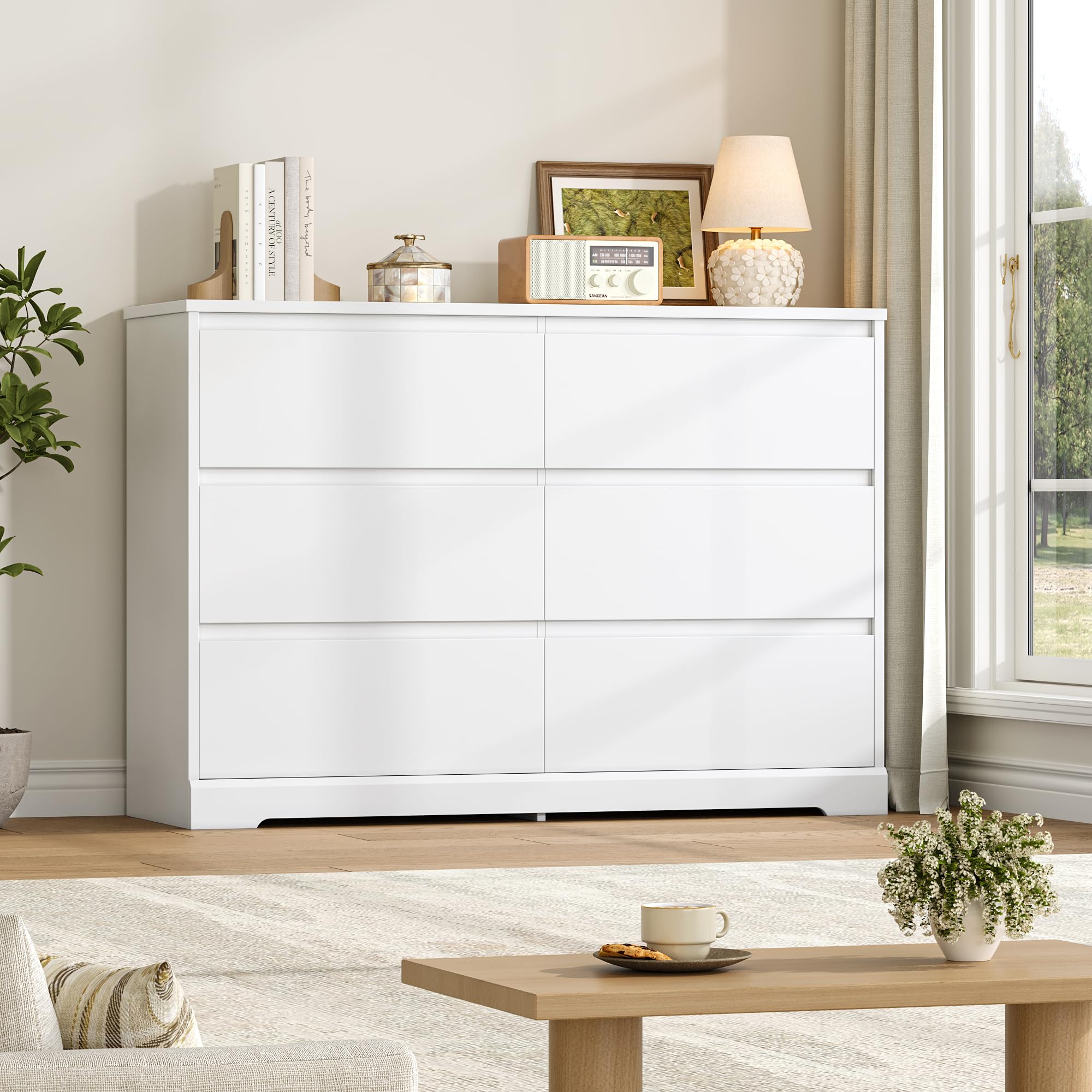 FOTOSOK White Dresser, Modern 6 Drawer Dresser, Bedroom Chest of Drawers
