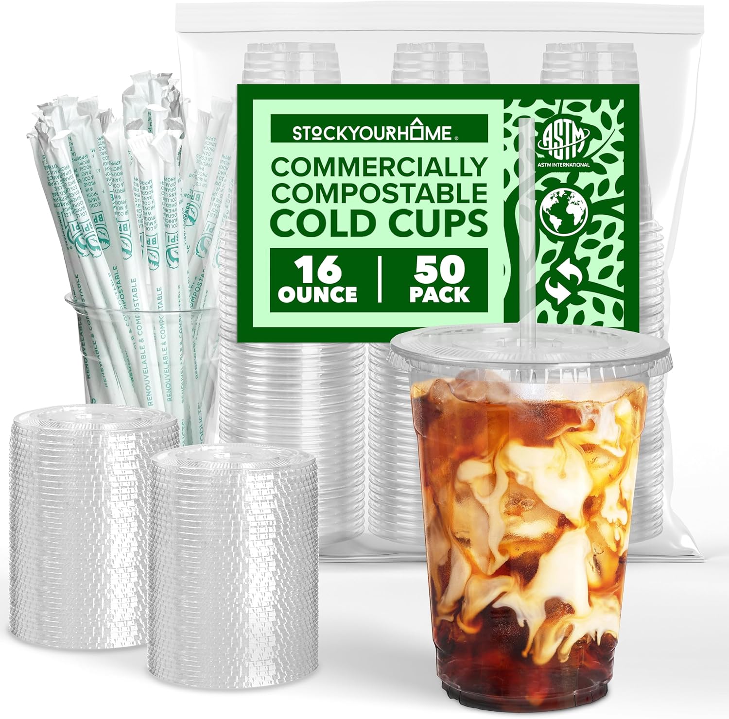 Stock Your Home 16 oz Premium Commercially Compostable Cold Cups (50 Pack), Eco Party Cup, Environmentally Friendly Disposable Sustainable for Water, Wine, Beer Sample