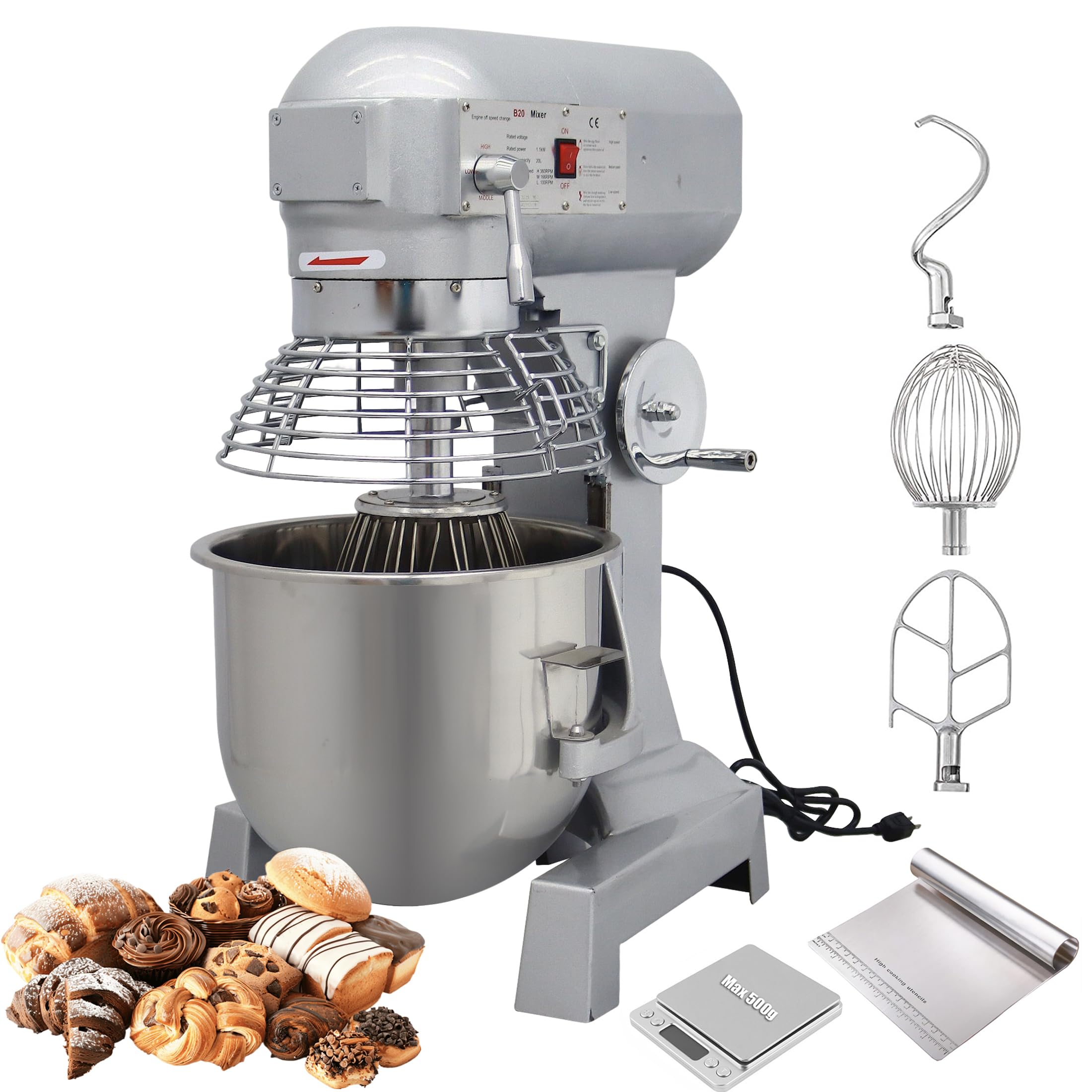 INTSUPERMA Commercial Food Dough Mixer Machine, 20L 20QT Food Mixer Stand Mixer, with Automatic Stop Function, 304 Stainless Steel Bowl, 3 Speeds with Hooks Whisk Beater, 110V 1.48HP