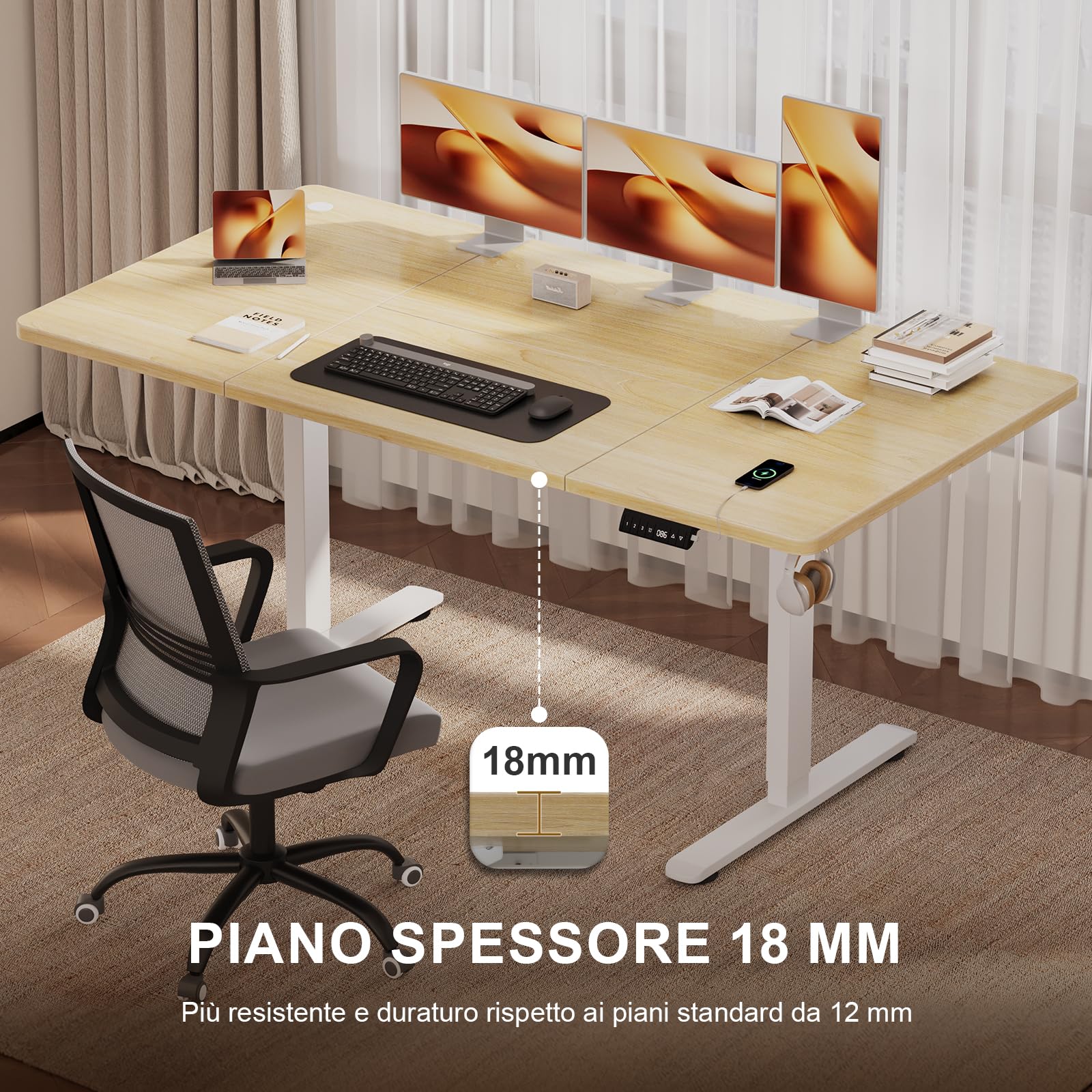 JUMMICO Scrivania Regolabile in Altezza Elettrica 160x80 cm, Scrivania Ergonomica Seduta in Piedi con Vassoio per Cavi e Porta USB, Scrivania per Computer Ufficio, Beige e Bianco