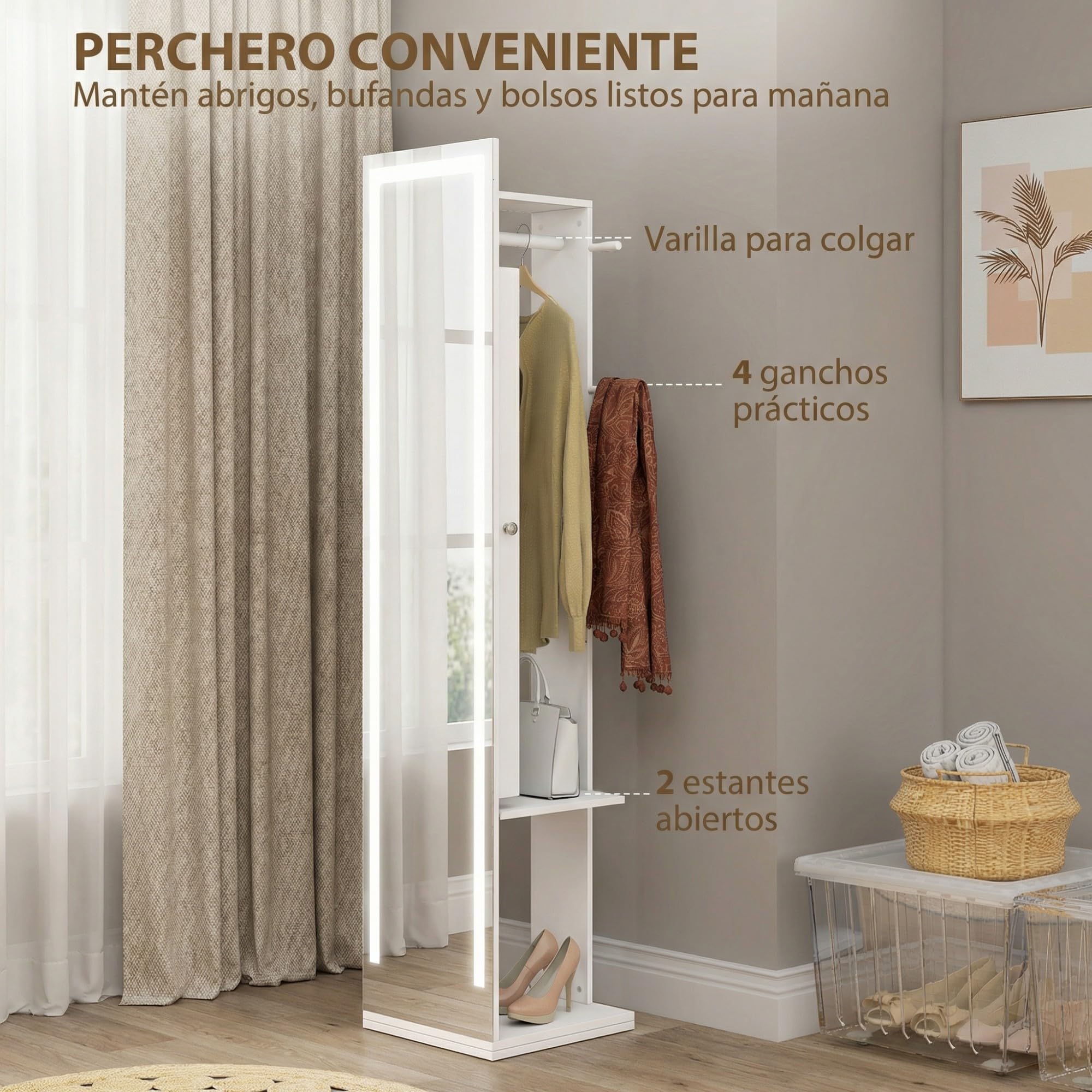 HOMCOM Espejo Joyero con Luces LED, Armario Joyero con Espejo de Cuerpo Entero sin Marco, Armario para Joyas Giratorio 360° con Estantes Abiertos, Perchero y Barras para Colgar, Blanco y Forro Beige