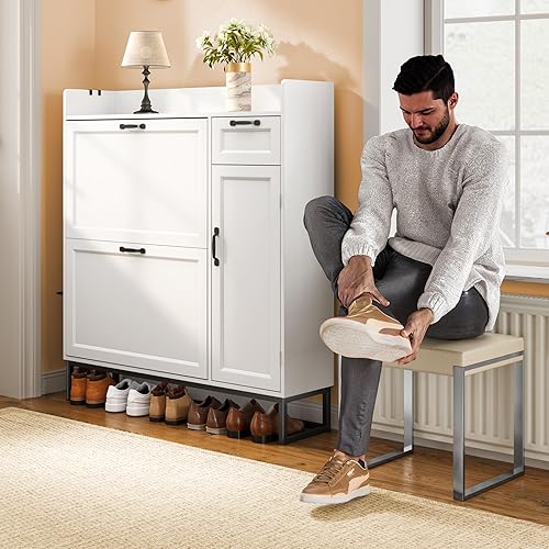 Miniatura 2 de Ahomly Zapatero blanco de 42 pulgadas, 2 cajones abatibles (ajustables), armario lateral, cajón de almacenamiento y parte superior abierta, ganchos