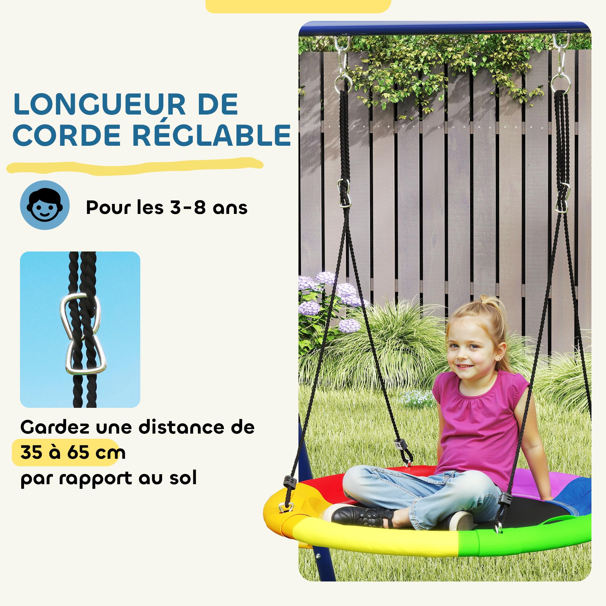 AIYAPLAY Portique Balancoire Exterieur 6 en 1 3 Balançoires Métal 160 kg | Balançoire Enfant Extérieur, Panier de Basket, Échelle d'Escalade et Filet, pour Enfants 3-8 Ans, Multicolore