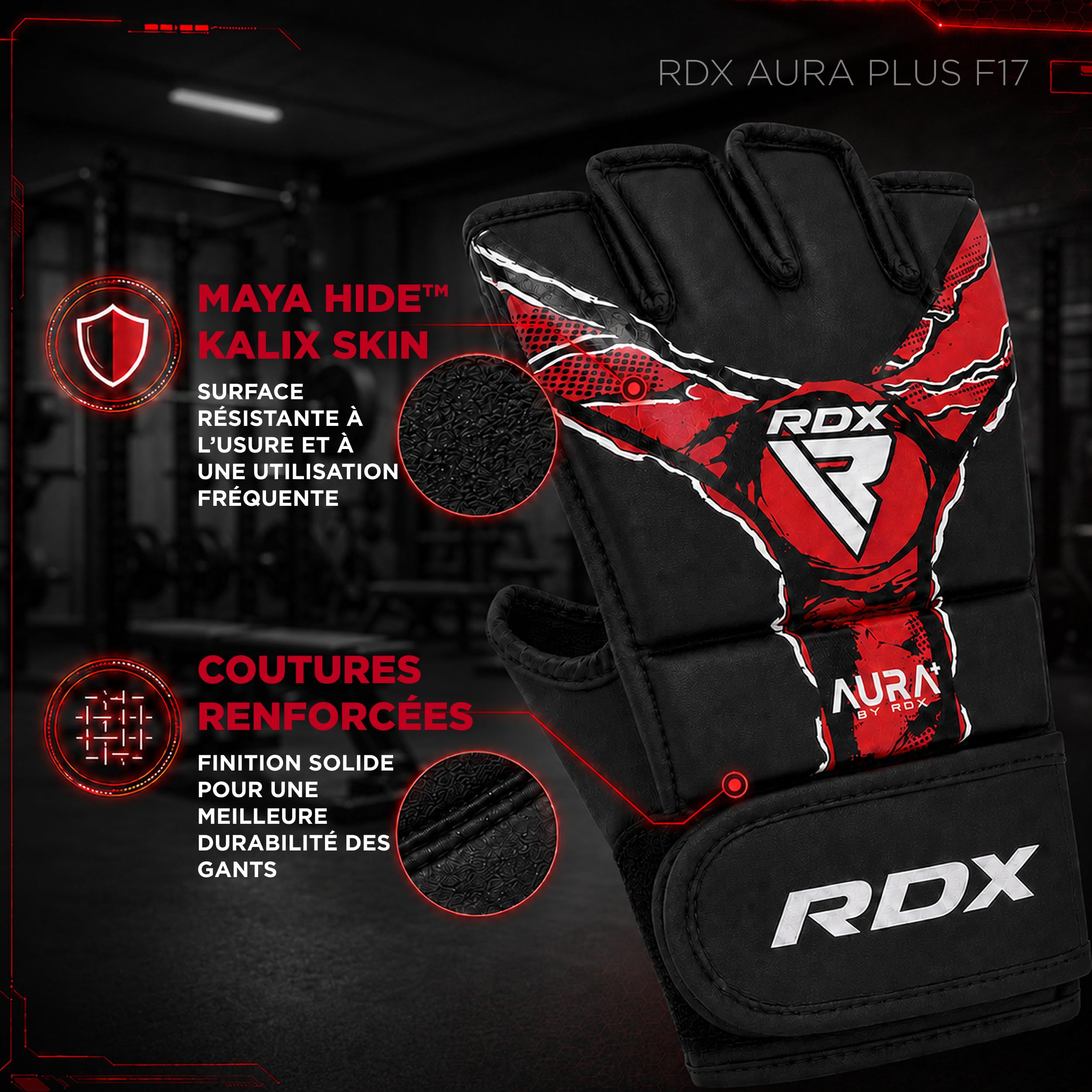 RDX Grappling Gloves Aura Plus F-17, Gants MMA RDX avec Protection renforcée du Pouce, Gants de Sparring MMA pour entraînement et Sparring, Gants MMA en Cuir synthétique pour Hommes et Femmes