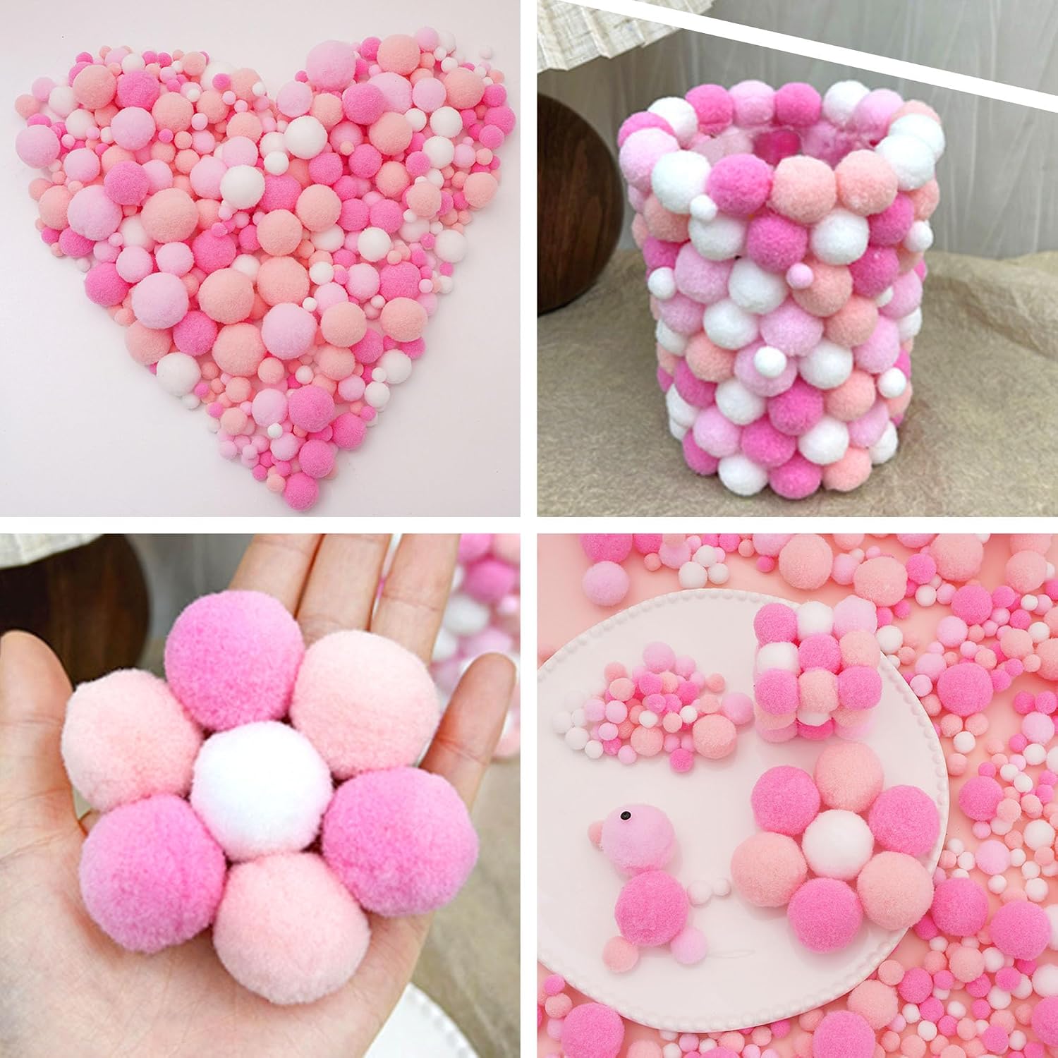 Mini Pom Poms for Crafts, 130 Pack Pink Craft Pom Pom Balls with Mixed Sizes, Soft Puff Balls for DIY Decor Baby Shower Birthday Party Decorations