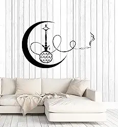 Decalque de parede de vinil dispositivo lua crescente narguilé fumar tabaco adesivos mural grande decoração (g6373) preto