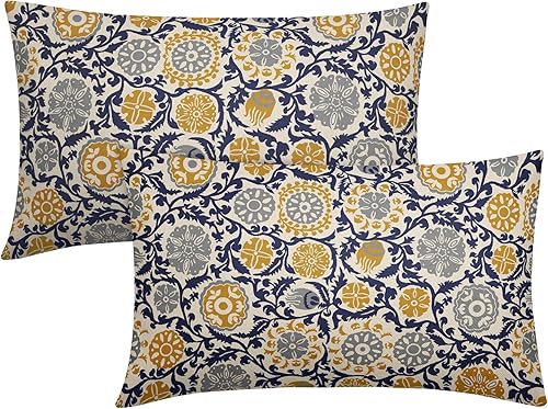 Aytipun Juego de 2 fundas de almohada de 12 x 20 pulgadas, color azul marino, amarillo y gris, patrón floral vintage, bohemio, patrón de alfombra