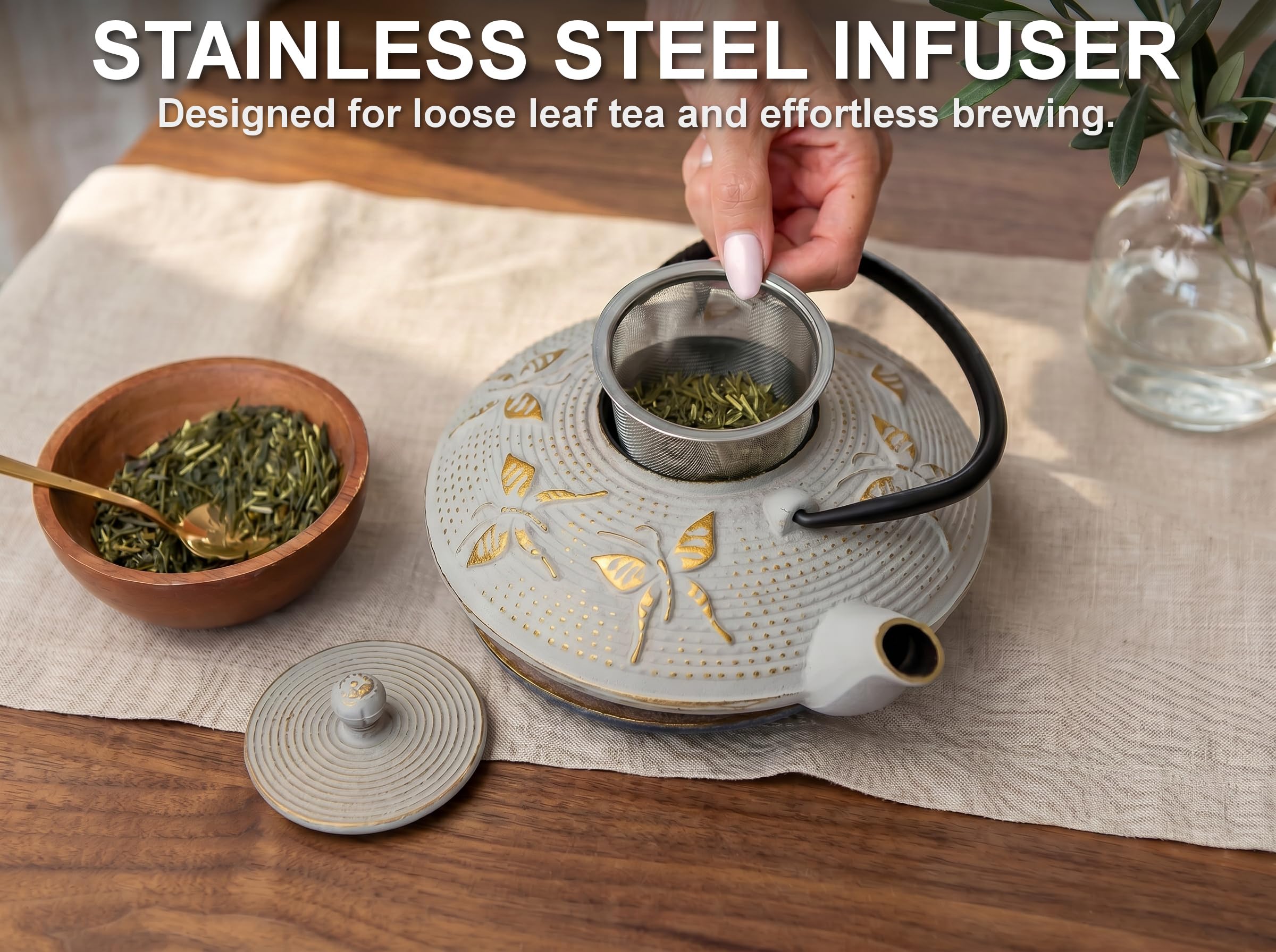 Juego de té japonés de 7 piezas "Sand Color" de hierro fundido con 2 tazas de té, 2 platillos, infusor de té de hojas sueltas y trivet. Accesorios ceremoniales Matcha