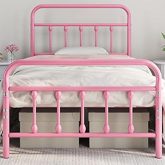 Yaheetech 3ft Single Bed Frame Vintage Iron Platform Bed with High Headboard and Footboard, Strong Metal-Framed Bed with Storage Pink