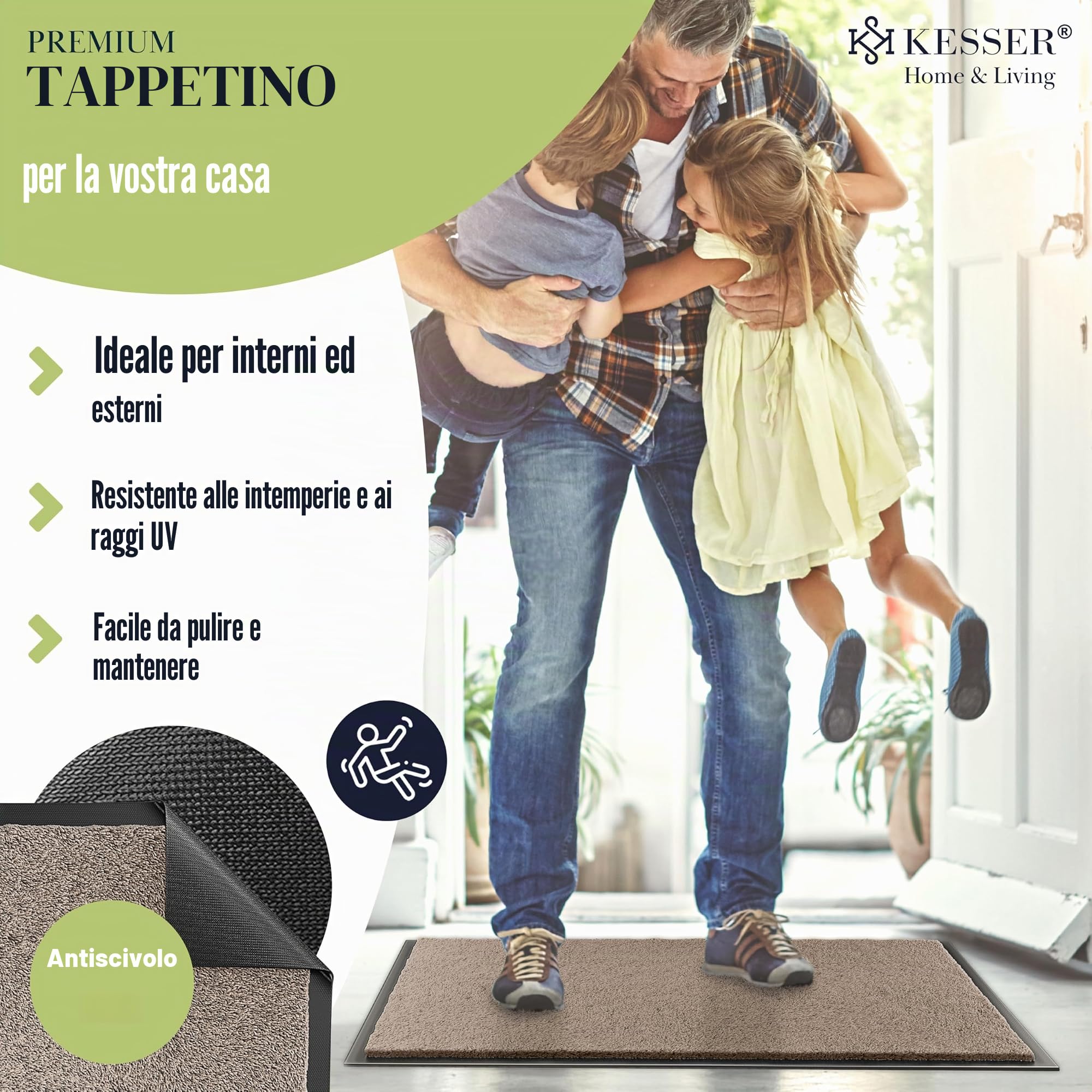 KESSER Zerbino antiscivolo, per interni ed esterni, lavabile e resistente alle intemperie, 7 mm di spessore e 3,2 kg/m², per ingresso della porta, tappeto per ufficio e antisporco, zerbino