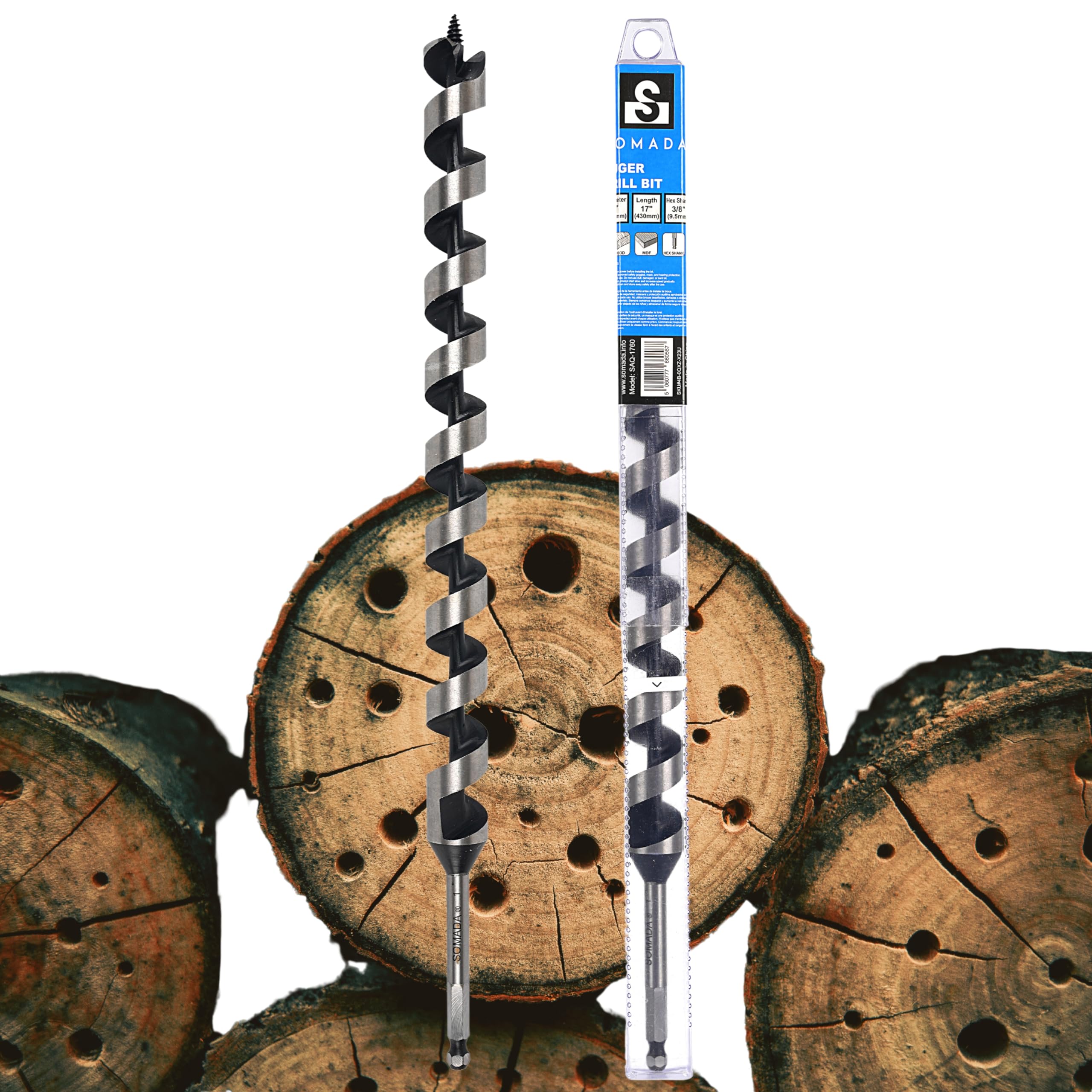 SOMADA 1-Inch x 17-Inch Auger Drill Bit for Wood, Quick Change Hex Shank 3/8-Inch One Piece, Ship Auger Long Drill Bit for Soft and Hard Wood, Plastic, Drywall and Composite Materials