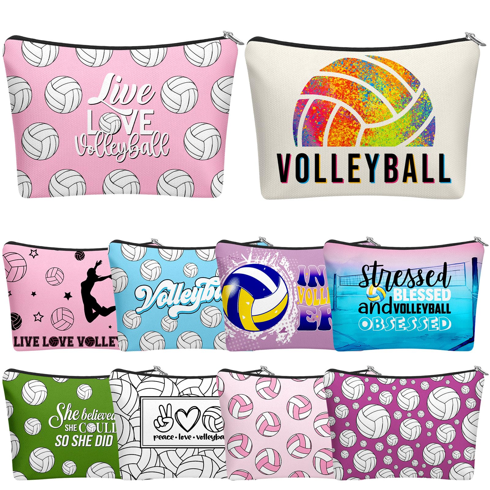 Bulyoou 10 Pcs Volleybal Makeup Bag Gifts for Women Ladies Sport Inspirational Zipper Volleybal Cosmetic Pouch Bulk Travel Toiletry Bags Accessories