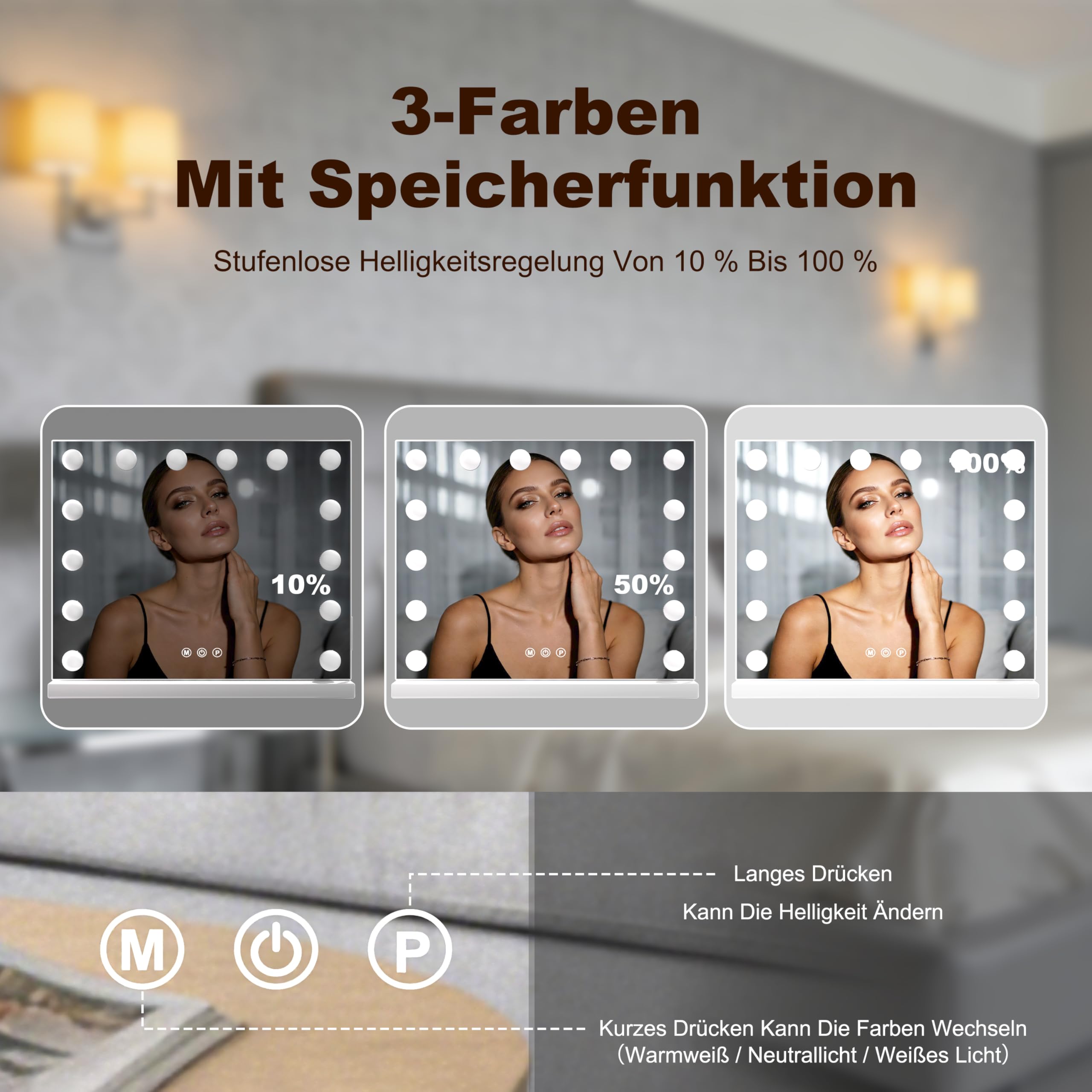 SURFOU Hollywood Schminktischspiegel mit Beleuchtung, Schminkspiegel 14 LED-Lichter mit 3 Farbtemperaturen Licht, dimmbarer Kosmetikspiegel mit Ladeanschlüssen, Touch Control, 50 x 40 cm (Weiß)