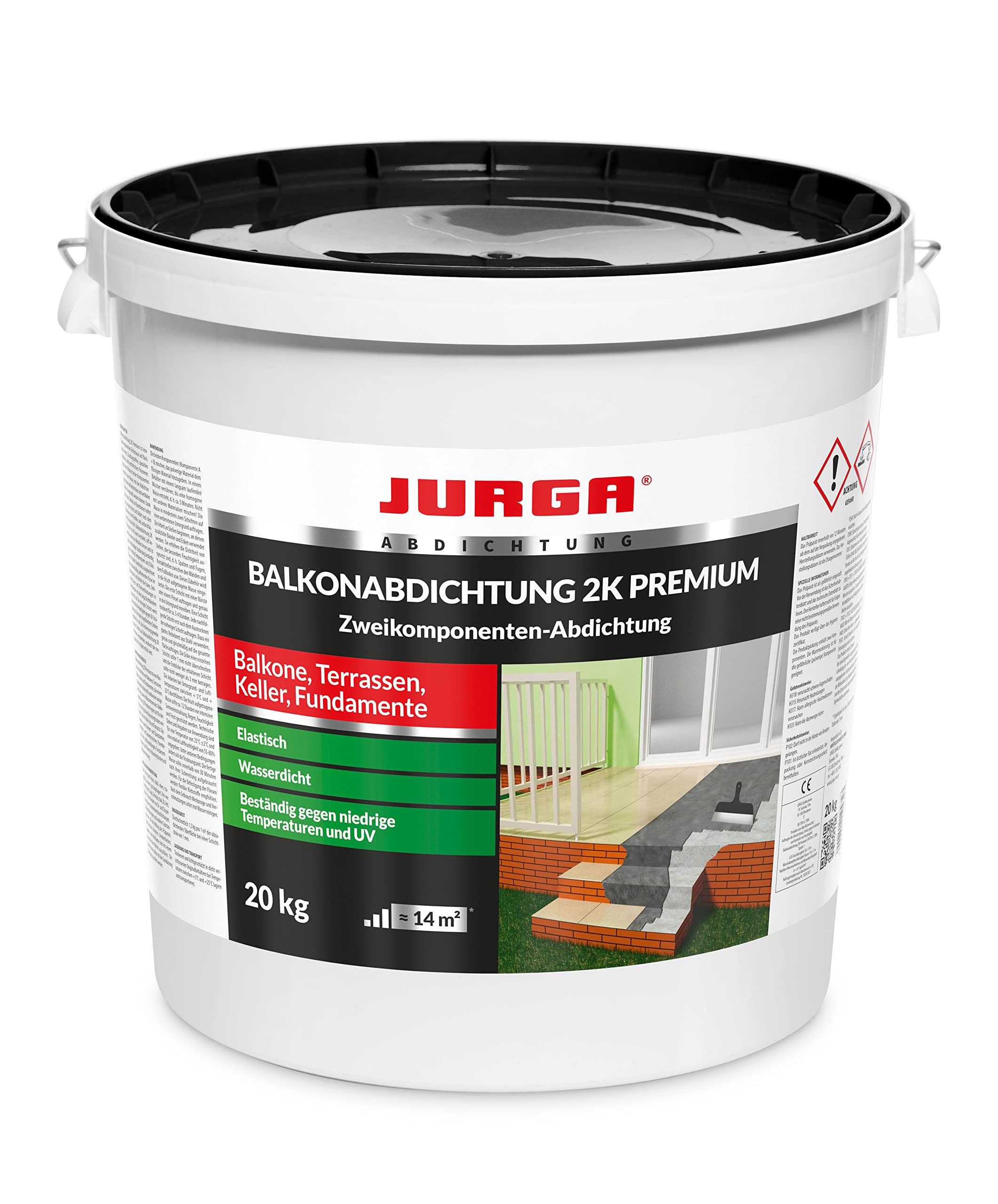 JURGA Balkonabdichtung 2K (20kg≈14m²) Zweikomponenten Zement Mörtel Terrassenabdichtung Außen, Dichtschlämme für Keller & Fundamente, UV-beständig, Wassersperre