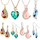 4 Set Peacock Jewelry Sets for Women Crystal Necklace Earrings Rhinestone Waterdrop Pendant Heart Charm Hook Earrings Indian Jewelry Set for Mother's Gift Valentine's Gifts Lover Ladies