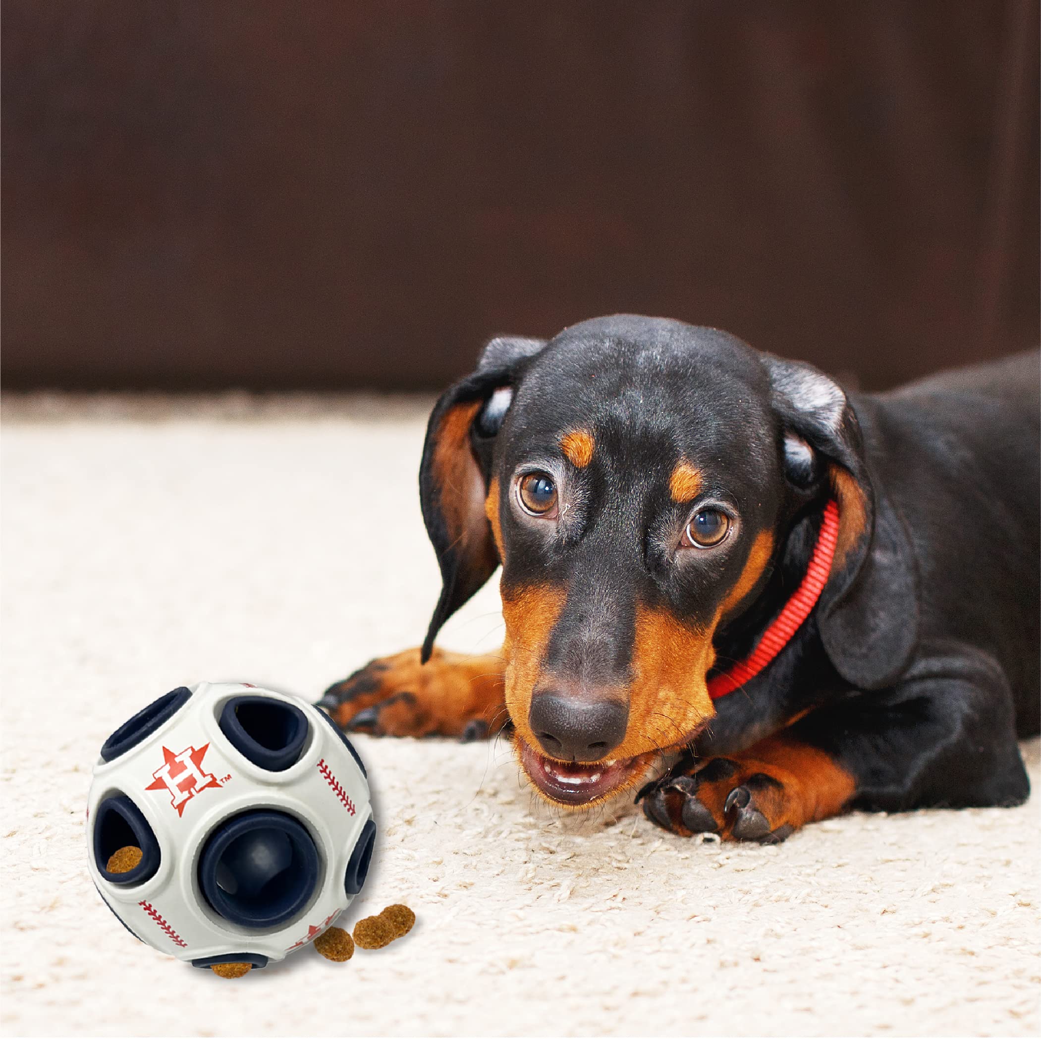 Pets First MLB Houston Astros - Juguete dispensador de golosinas de béisbol para perros y gatos, juguete de bola de goma para perros, juguete interactivo divertido para perros, juguete de alimentación