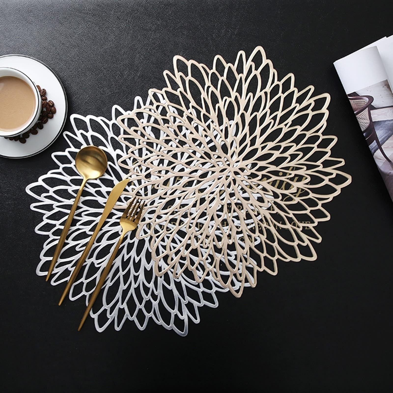 Placemat zestaw 6 podkładek stołowych, złote, puste kwiaty, w europejskim stylu, 36 cm, do kuchni i jadalni