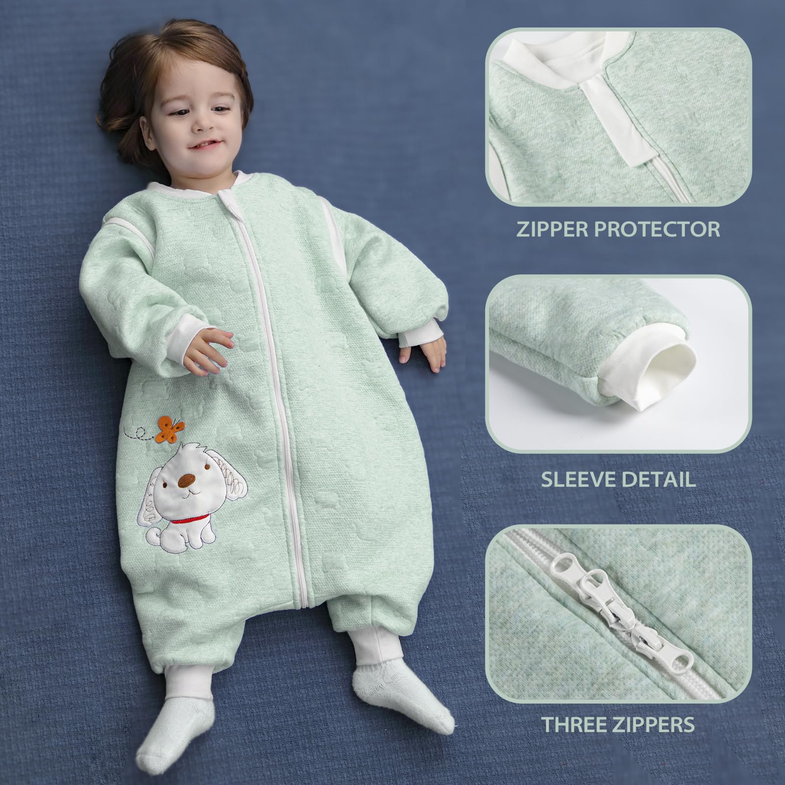 Sacco nanna invernale a maniche lunghe, per bimbe e bimbi, con aperture per i piedi e motivo di cagnolino, in cotone, unisex, per tutto l'anno, Verde 0-16 Monate
