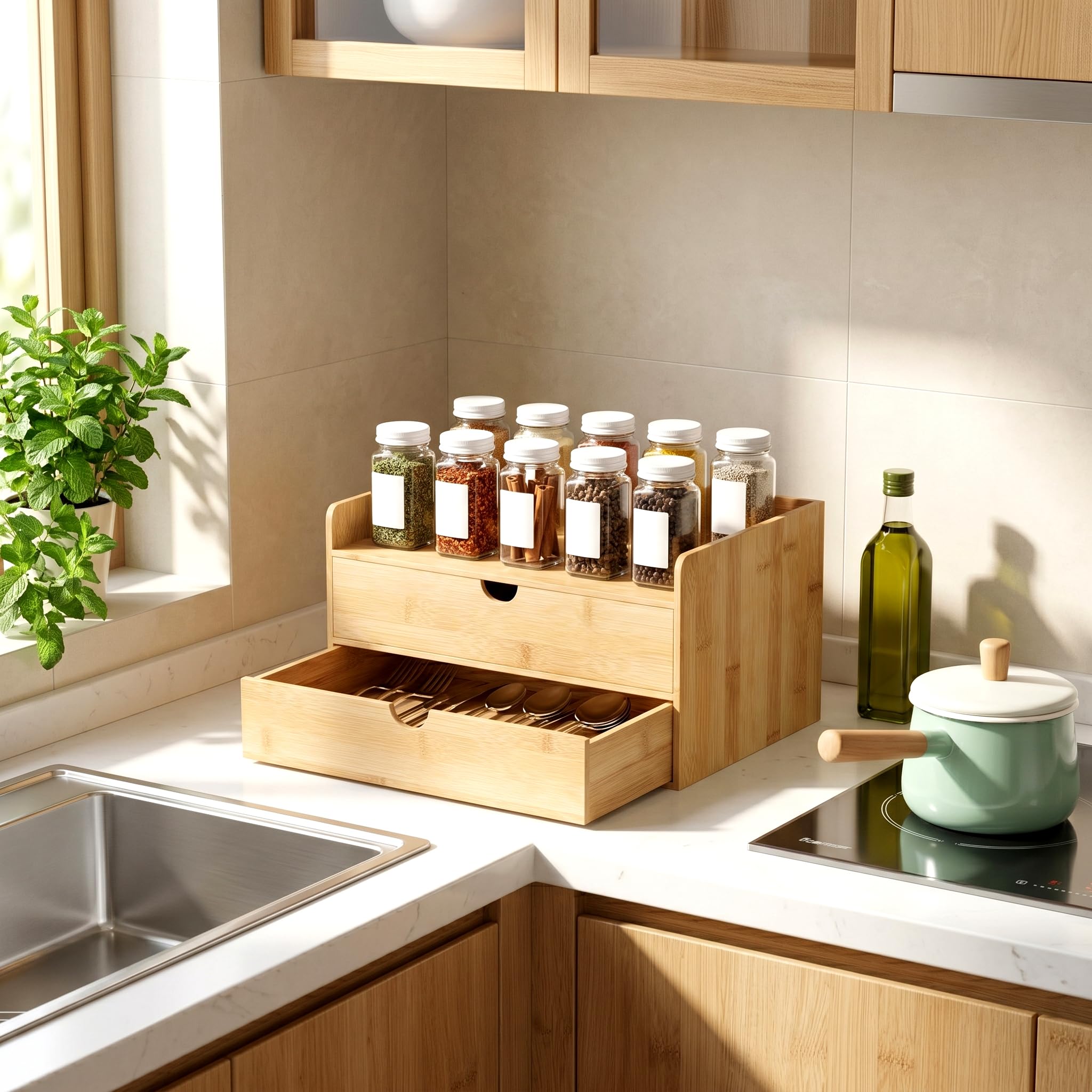 Organizer da scrivania con cassetti, organizer da scrivania in bambù | Organizzatore per cassetti da scrivania in legno bianco naturale per banconote, forniture per ufficio, cosmetici, sigilli, nessun