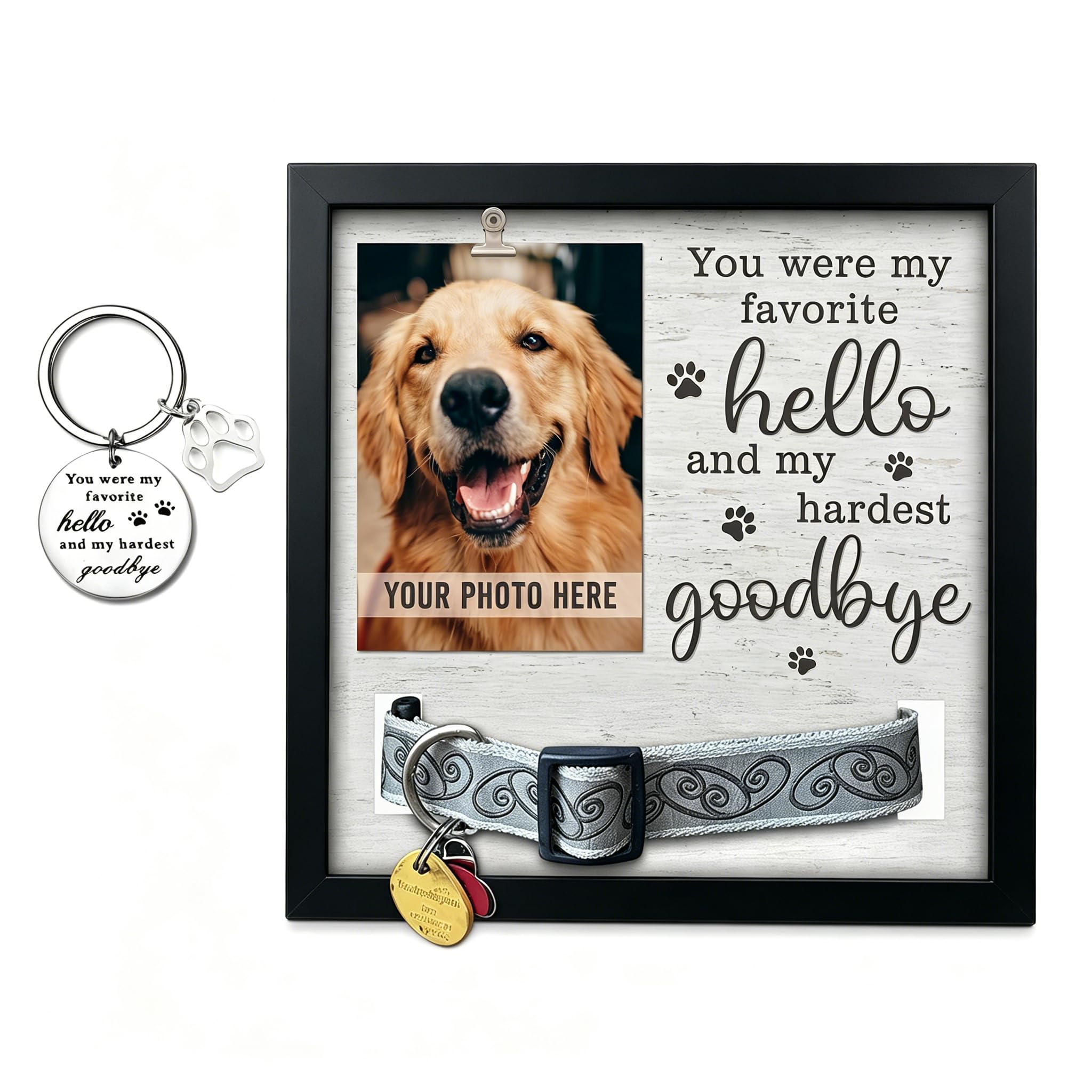 Pet Memorial Picture Frame, 9"x9" Wooden Dog Cat Memorial Photo Frame with Collar Holder, Photo Clip And Commemorative Keychain, 3D Display Memorial Photo Frames for Loss of Pets Passing Away (Black)
