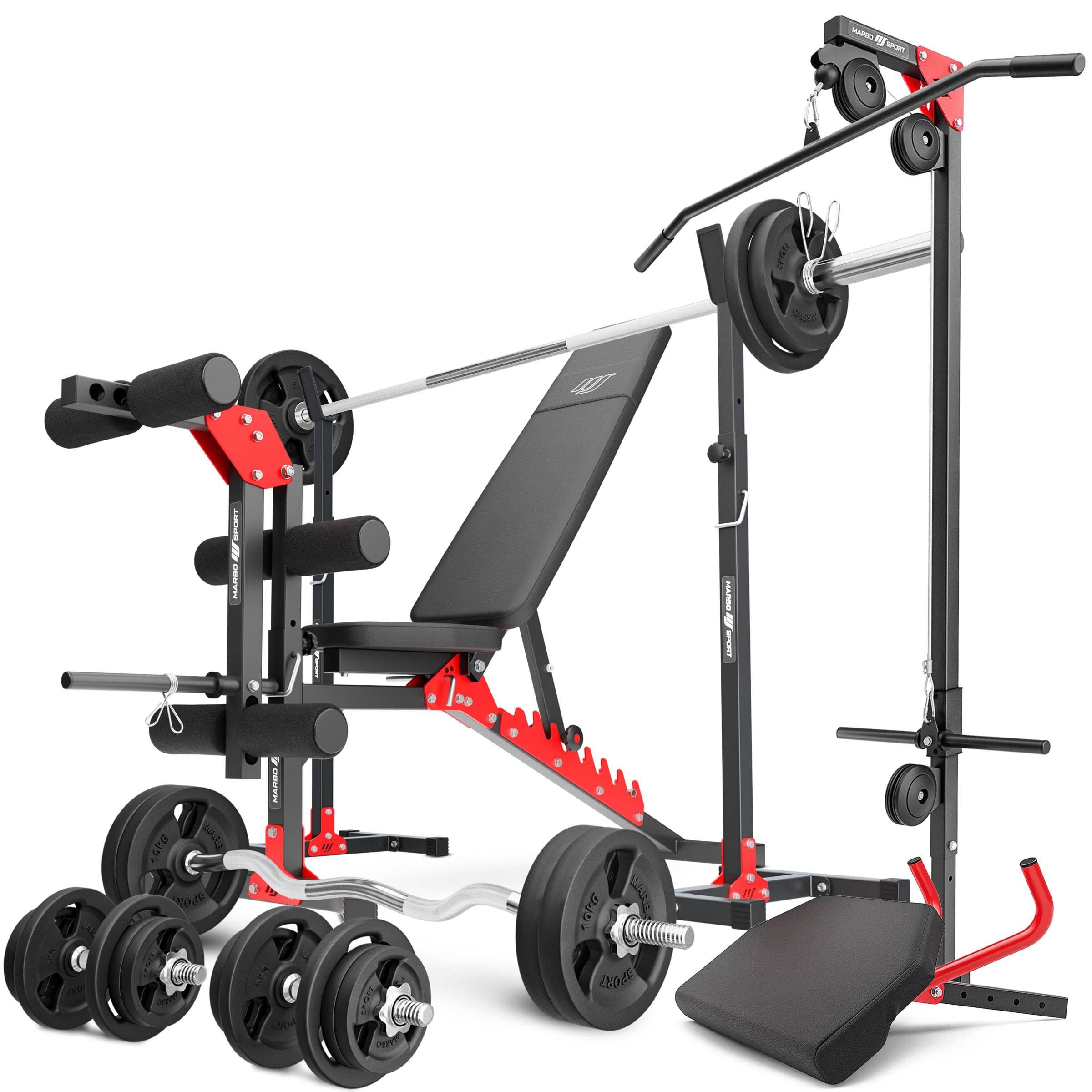 Marbo Sport Set MH25_162KG_Kier 2.0 | Banco de Pesas Ajustable + Soporte de Pesas MH-S201 + Entrenador de piernas + jalón Lateral + Banco Scott + Barra/Juego de Placas de Pesas 113 kg| Made in EU