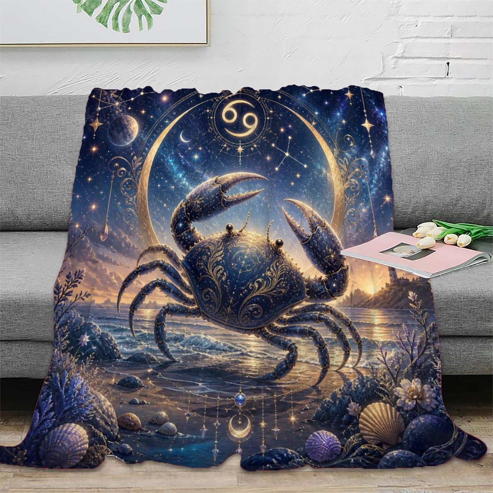 W7C8U2X3 Zodiac Cancer Celestial for Flannel Throw Blanket, Office Nap Use