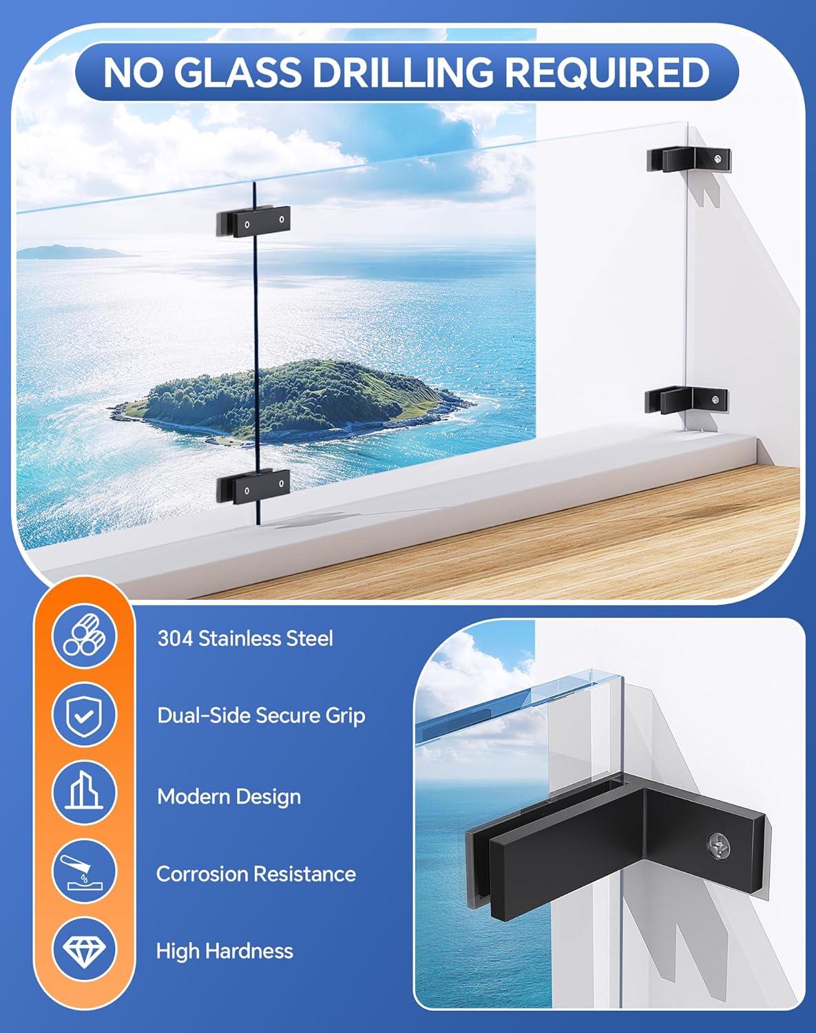 4 Pack Glass Clamp, F Shape 304 Stainless Steel Wall to Glass Clips Brackets for 3/8"-1/2" Thickness, Railing Clip Holder for Balcony Deck, Fence, Indoor & Outdoor Railing, Black