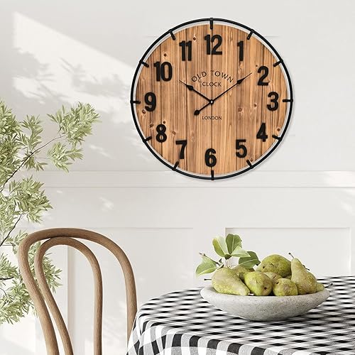 Reloj de pared rústico de 20 pulgadas con borde de metal y números grandes, funciona con pilas silenciosas para oficina, cocina, dormitorio y sala