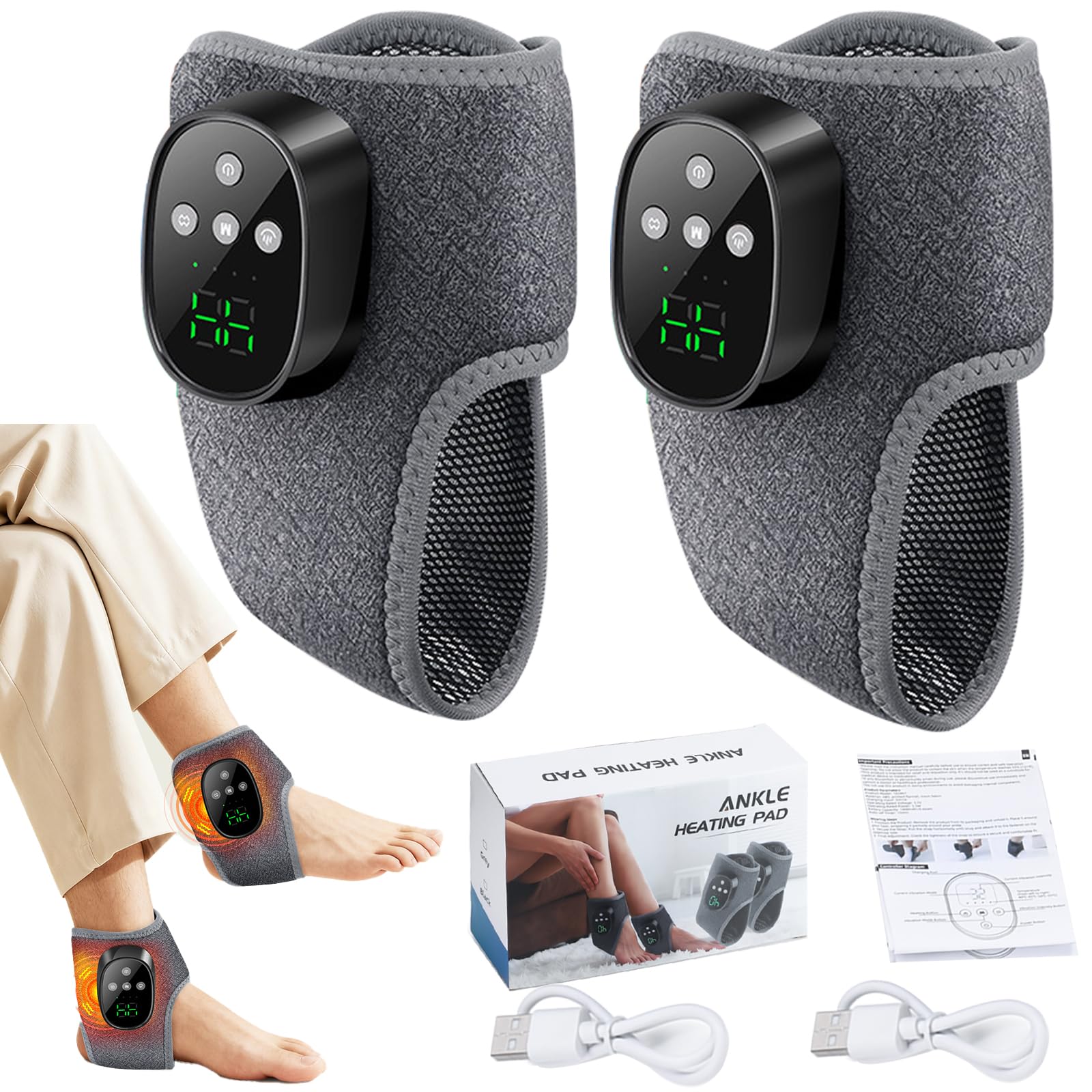 3-in-1 Elektrisches kabelloses Fußmassagegerät, 1 Paar Knöchelmassagegerät mit 4 Massagemodi, 4 Heizstufen - Tragbares Fußmassagegerät für Knöchel, Ferse, Sohle und Fußgewölbe