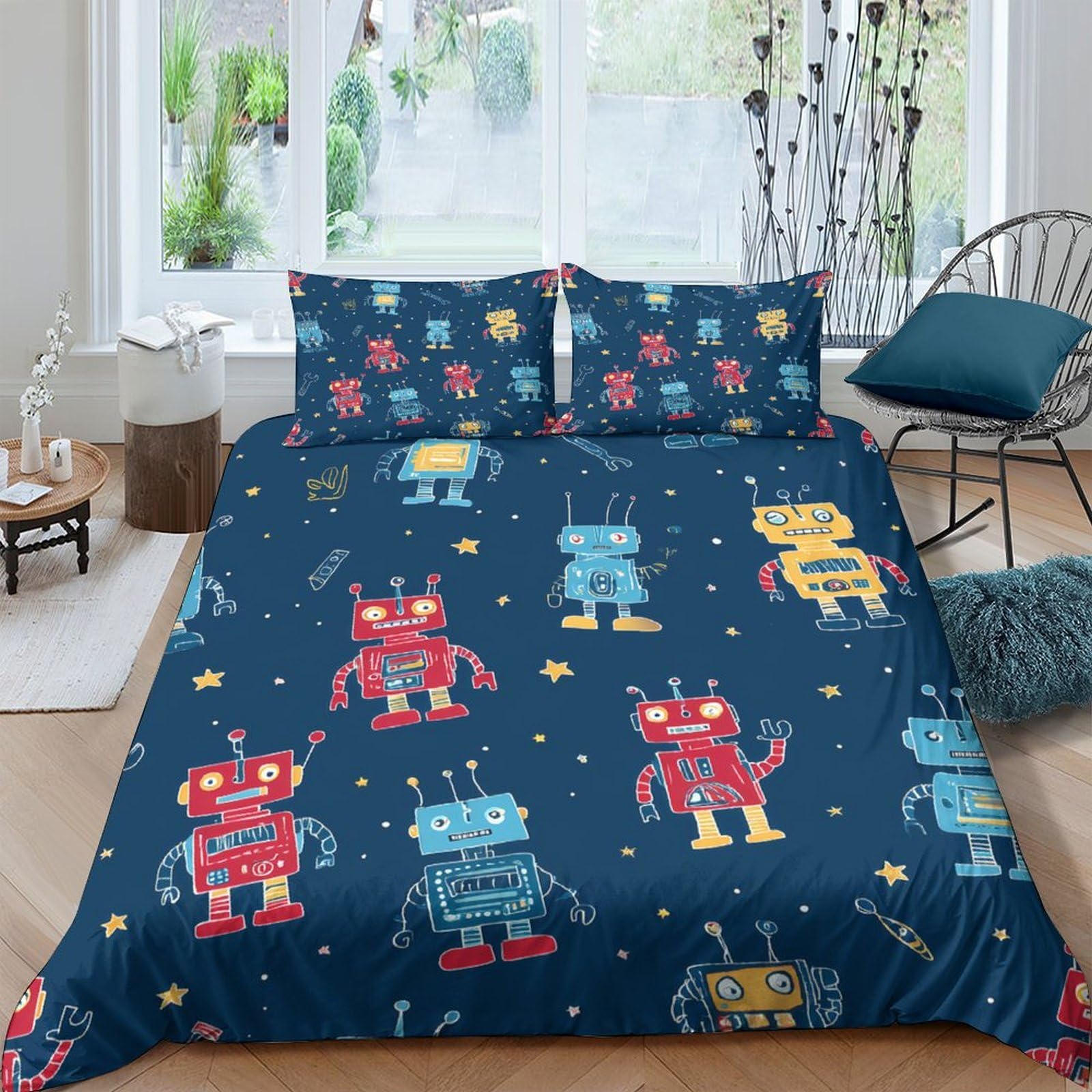 GPLZQXKJNH 3D Printed Robot Cartoon Duvet Cover Set Microfiber Soft Breathable Blue Bedding with 2 Pillowcases for Bedroom Decor Single（135x200cm）