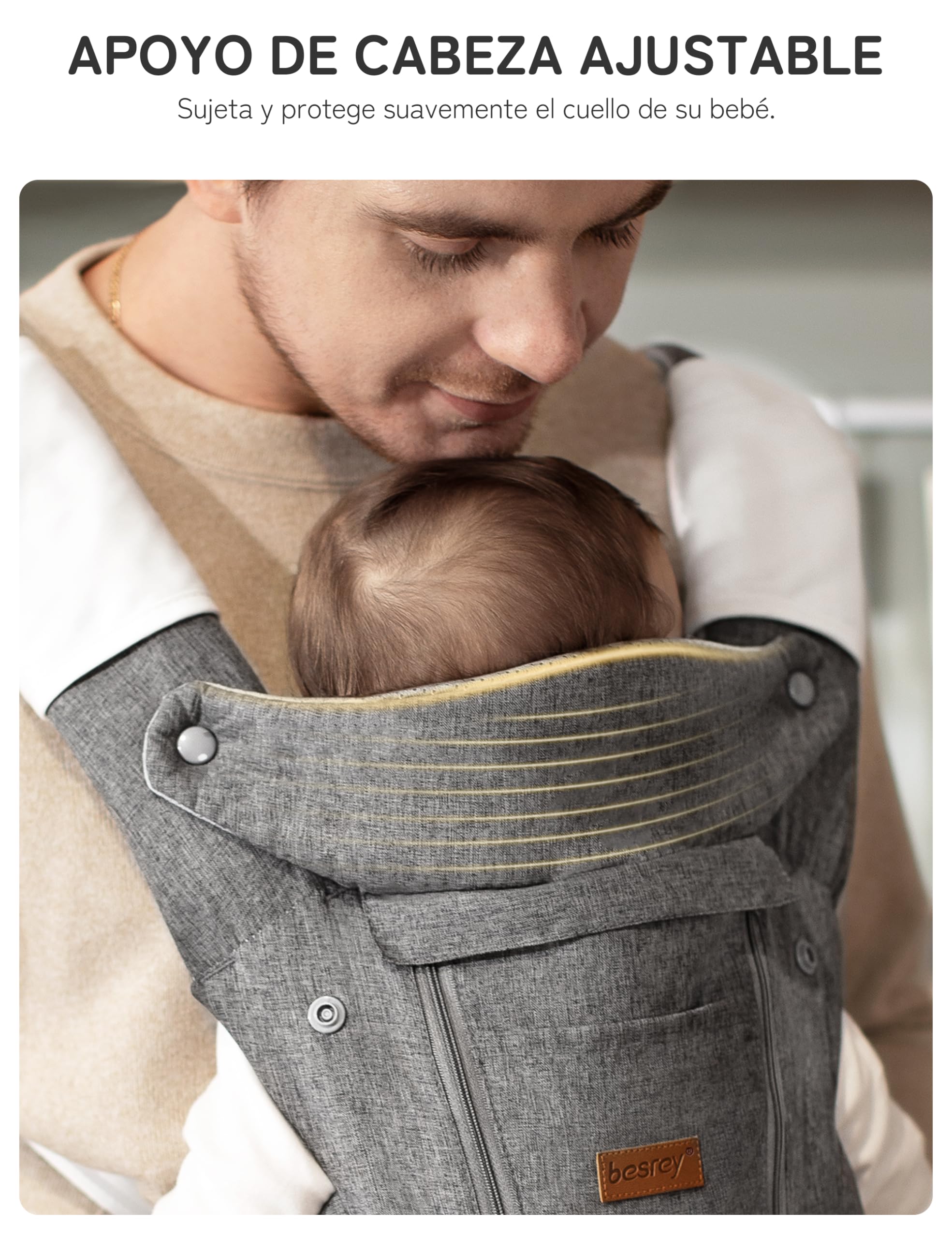 besrey Mochila Portabebes Ergonomica con Respaldo para Padres y Reposacabezas para Bebé + 2 Baberos de Algodón, Gris | Incluye soporte lumbar y baba y cinturón de cintura de hasta 130 cm